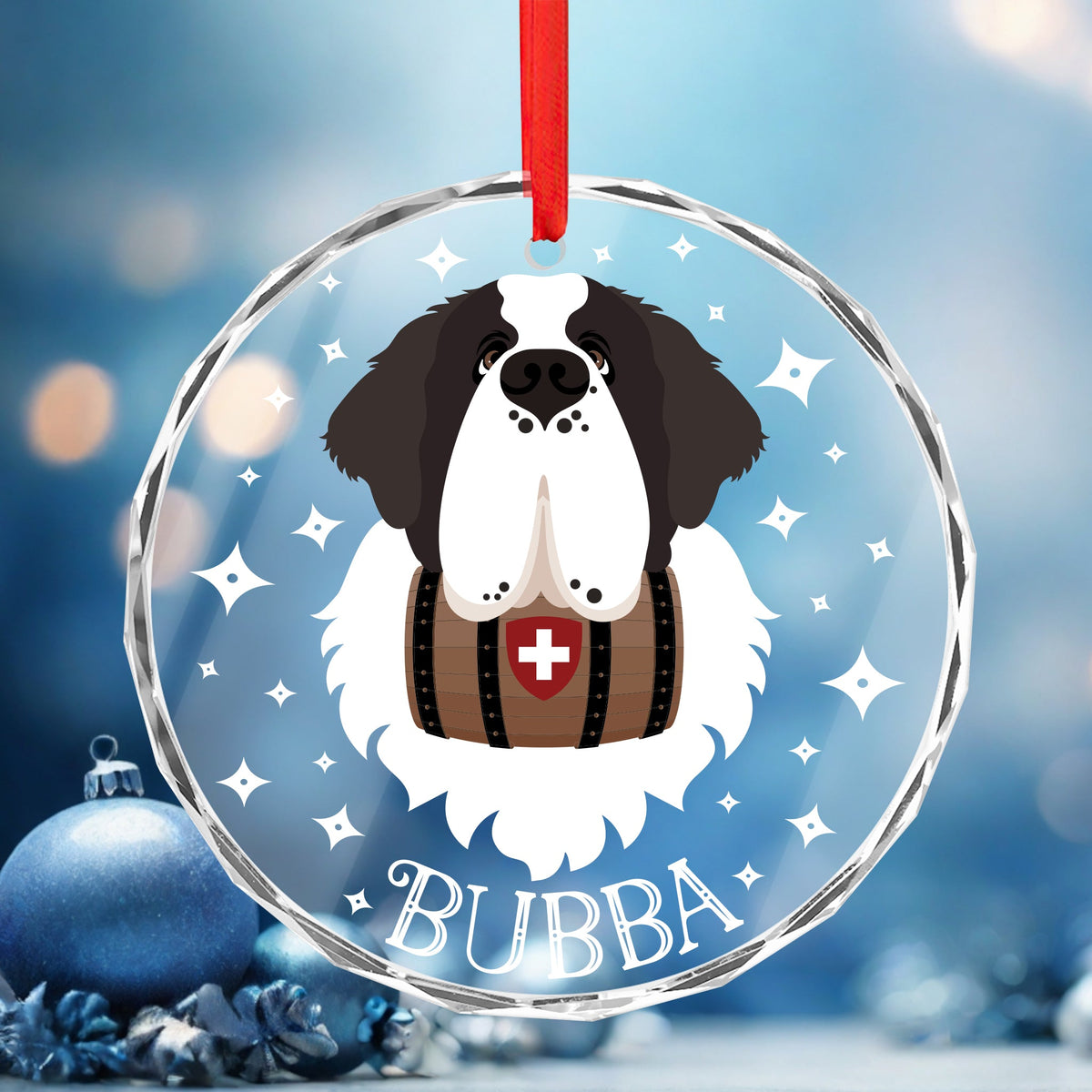 Personalized Face + Name Saint Bernard Glass Ornament - Lucy + Norman