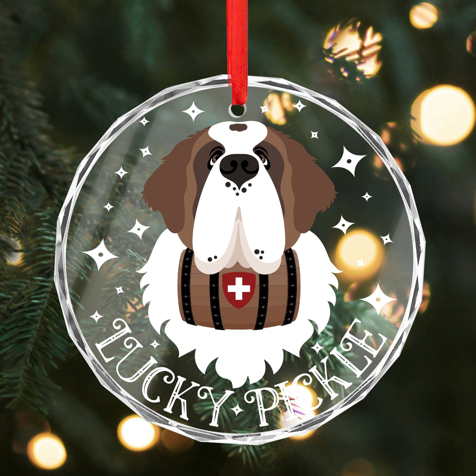 Personalized Face + Name Saint Bernard Glass Ornament - Lucy + Norman