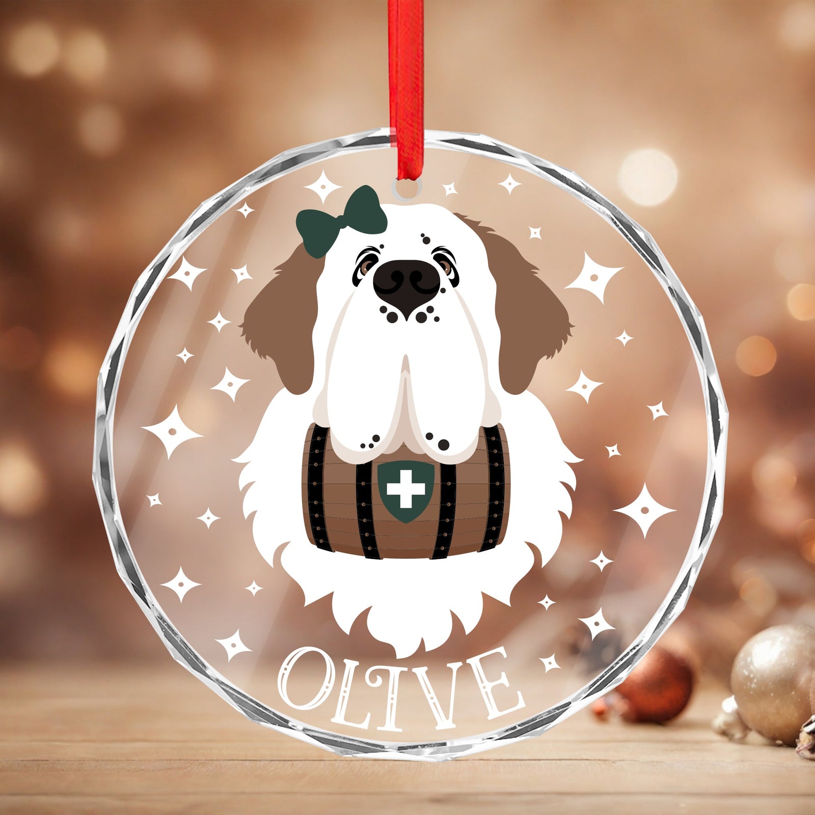 Personalized Face + Name Saint Bernard Glass Ornament - Lucy + Norman