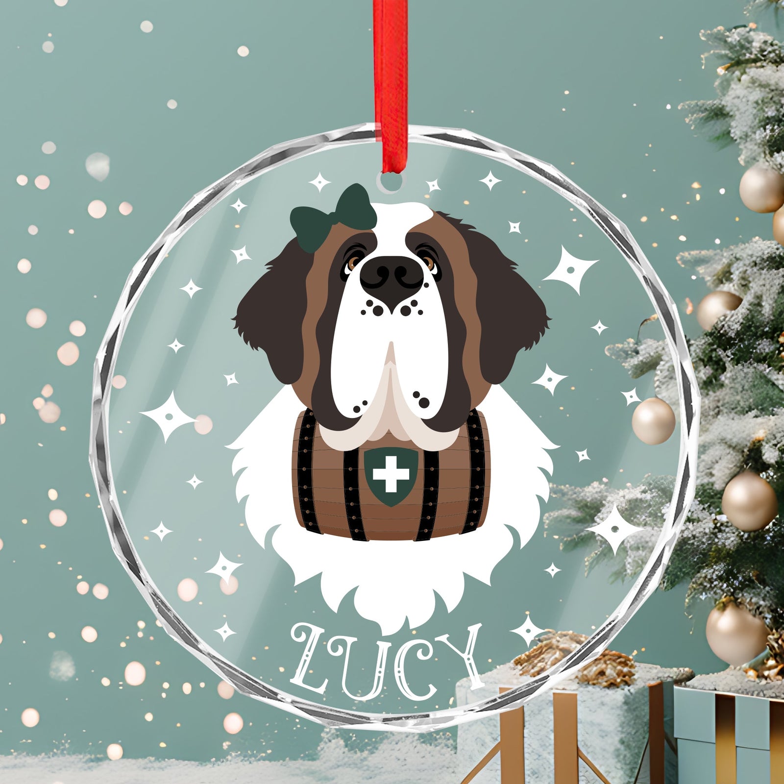 Personalized Female Name Merry Saintmas Crystal Glass Ornament - Lucy + Norman