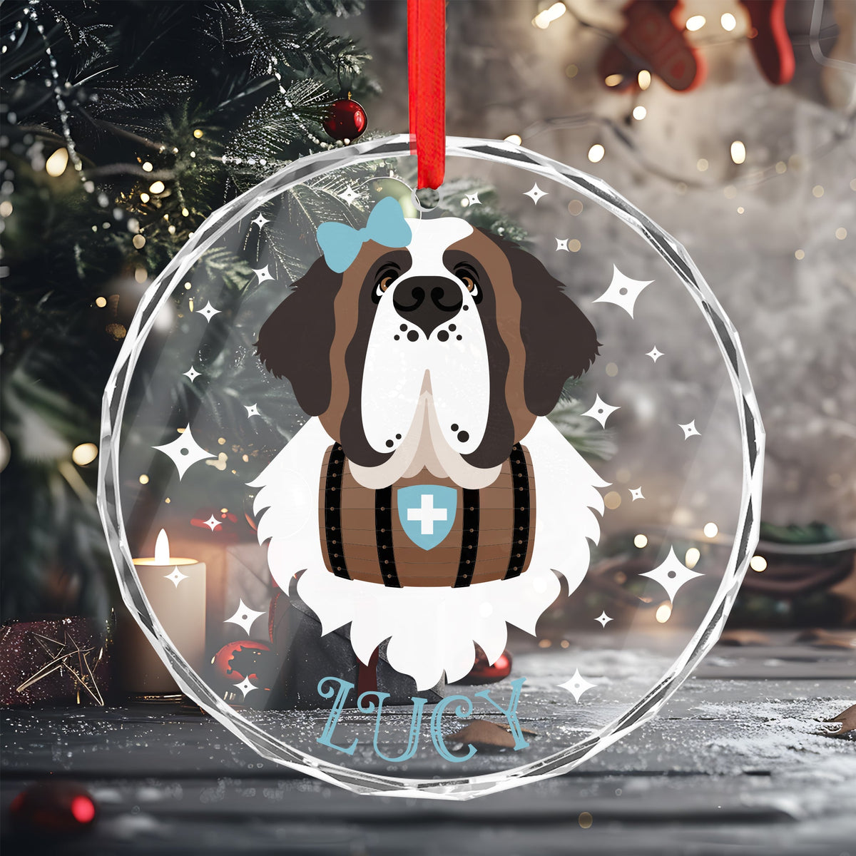 Personalized Female Name Merry Saintmas Crystal Glass Ornament - Lucy + Norman