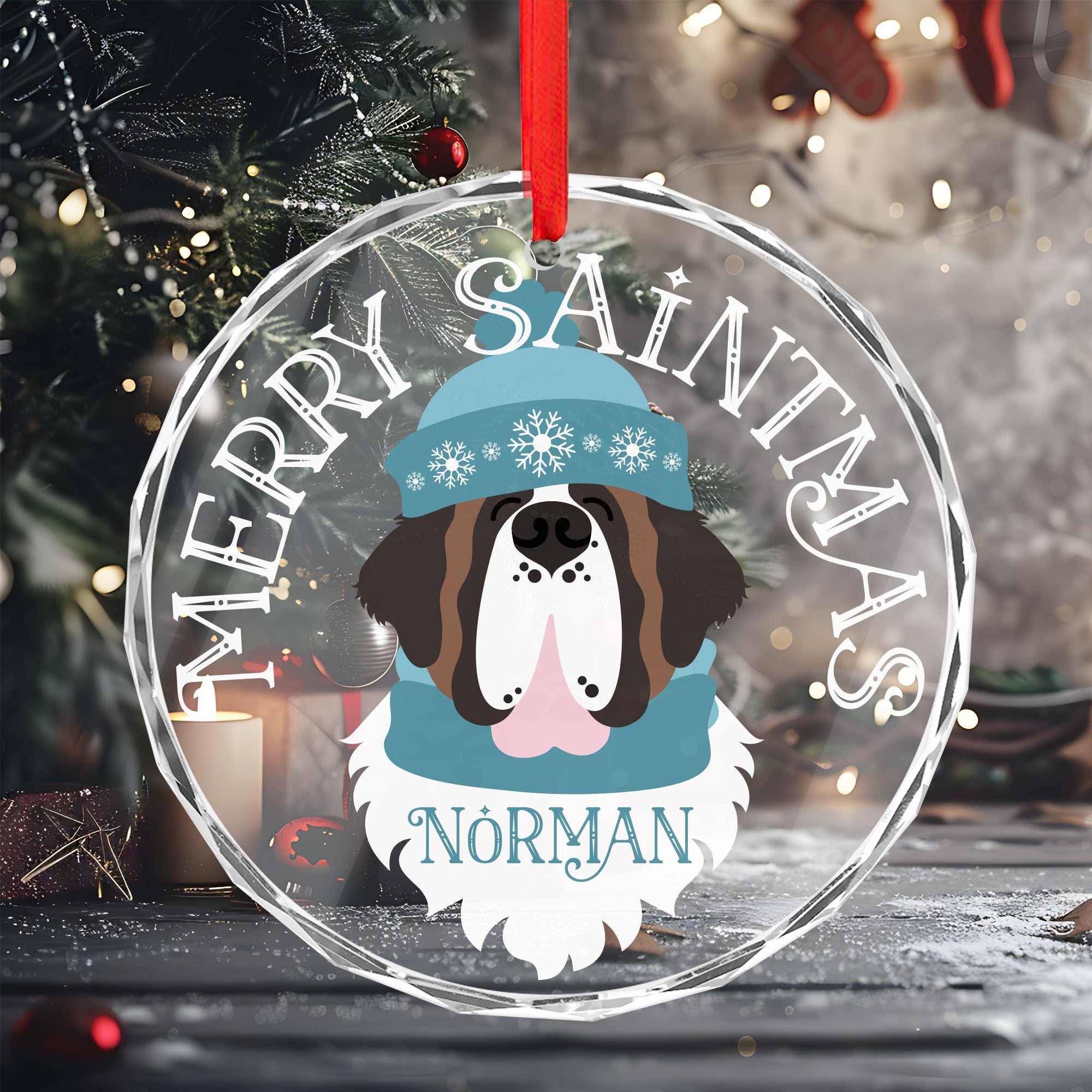 Personalized Name Merry Saintmas Crystal Glass Ornament - Lucy + Norman