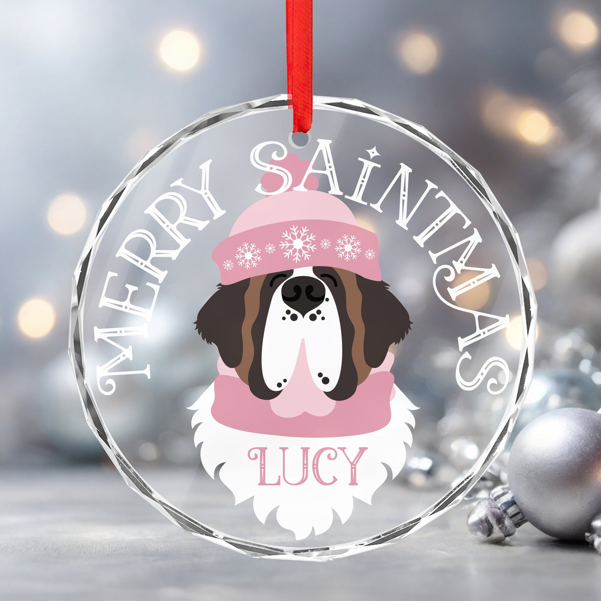 Personalized Name Merry Saintmas Crystal Glass Ornament - Lucy + Norman