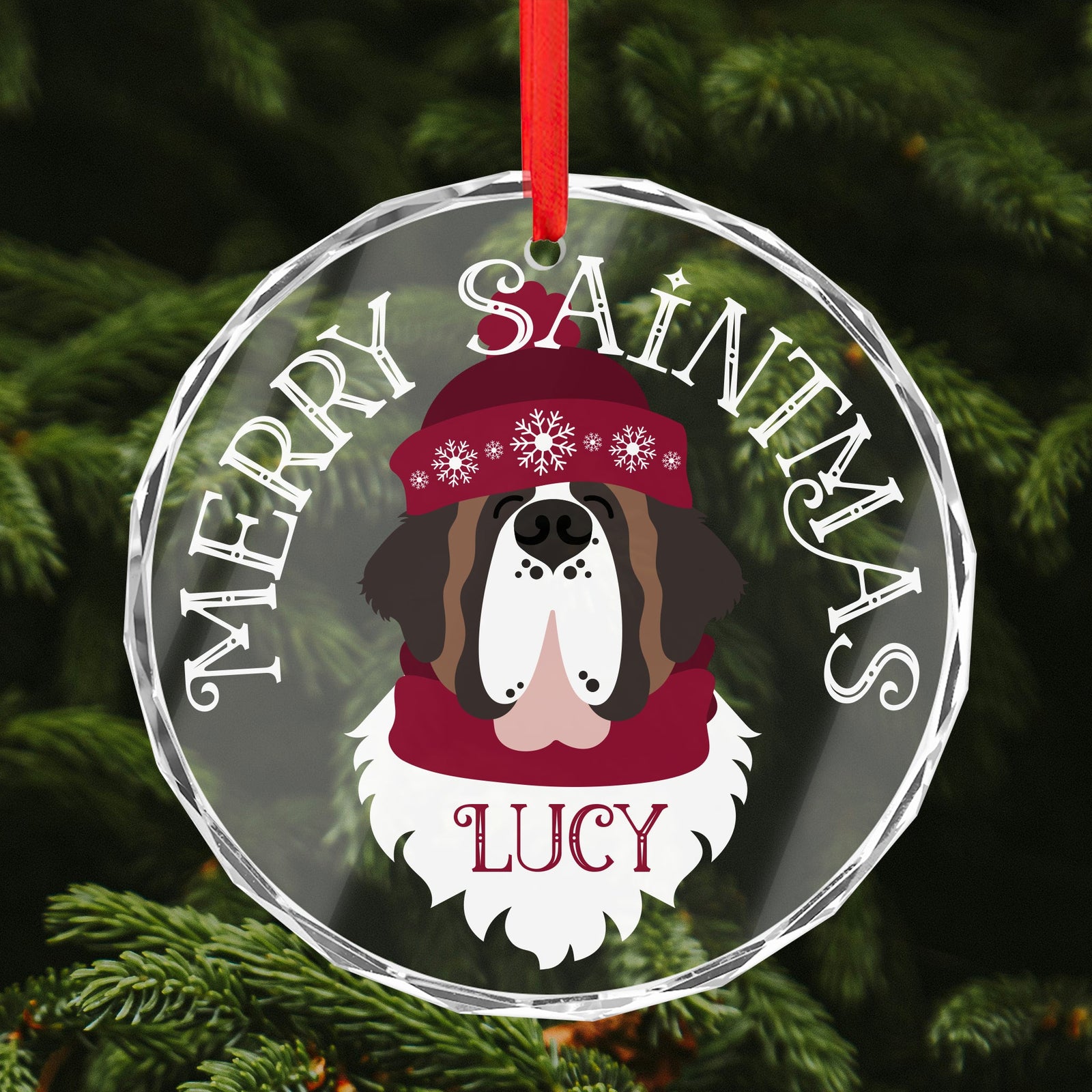 Personalized Name Merry Saintmas Crystal Glass Ornament - Lucy + Norman