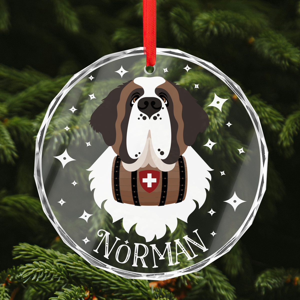 Personalized Name Saint Bernard Crystal Glass Ornament - Lucy + Norman