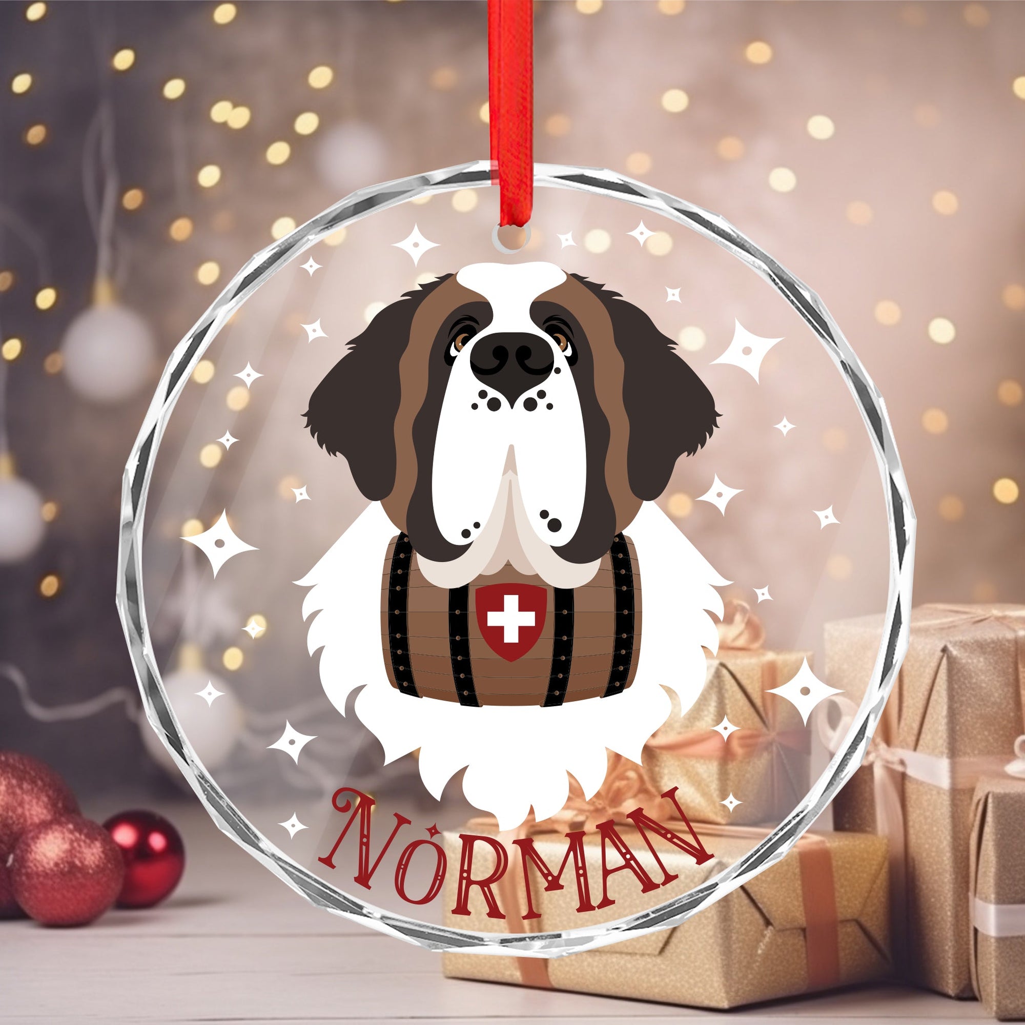 Personalized Name Saint Bernard Crystal Glass Ornament - Lucy + Norman