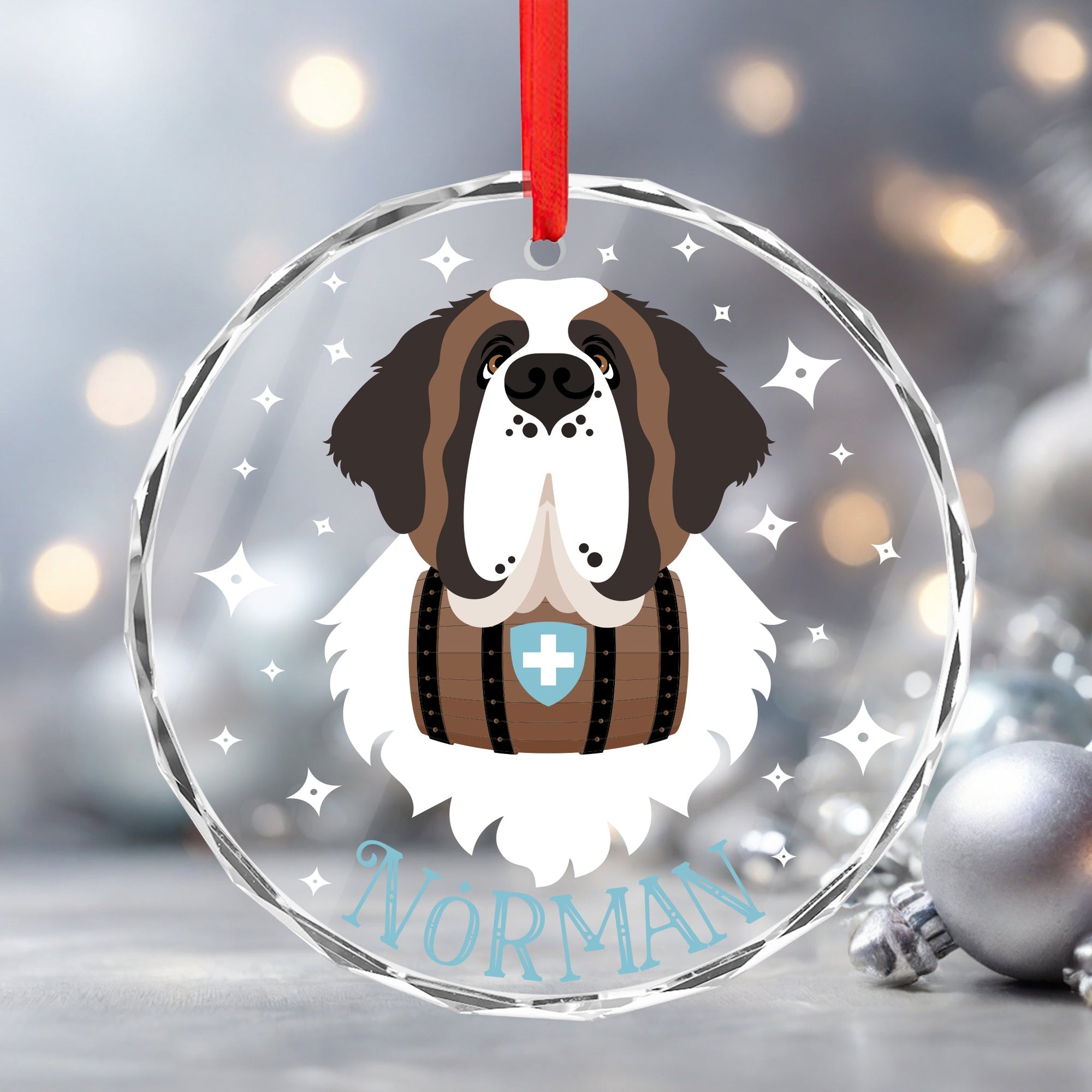 Personalized Name Saint Bernard Crystal Glass Ornament - Lucy + Norman