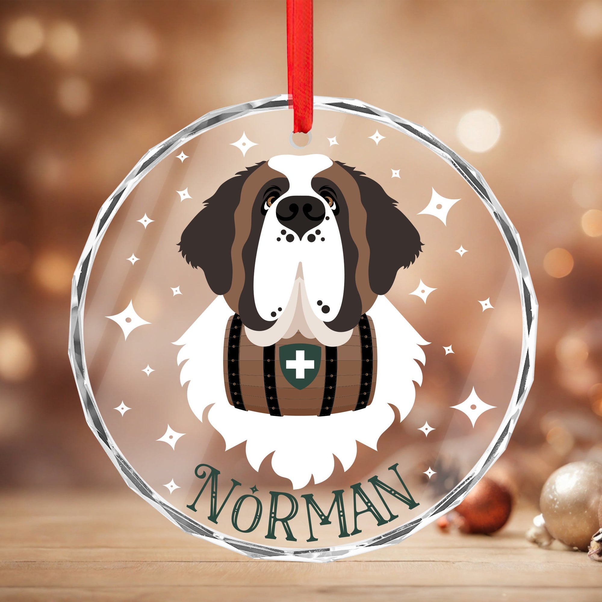 Personalized Name Saint Bernard Crystal Glass Ornament - Lucy + Norman