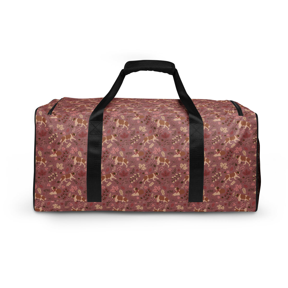 Rosy Fall Saint Bernard floral duffle bag in warm pink, brown, and autumn leaf tones with black padded shoulder strap, handles, zip compartment, and mesh side pocket.