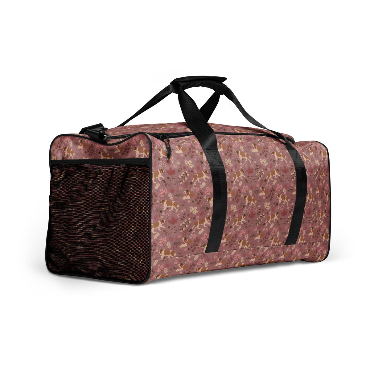 Rosy Fall Saint Bernard floral duffle bag in warm pink, brown, and autumn leaf tones with black padded shoulder strap, handles, zip compartment, and mesh side pocket.
