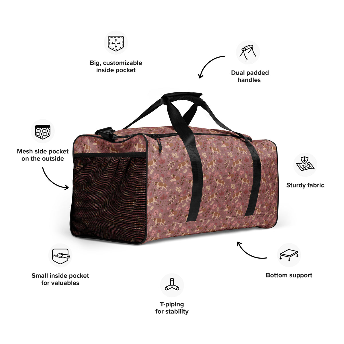 Rosy Fall Saint Bernard floral duffle bag in warm pink, brown, and autumn leaf tones with black padded shoulder strap, handles, zip compartment, and mesh side pocket.