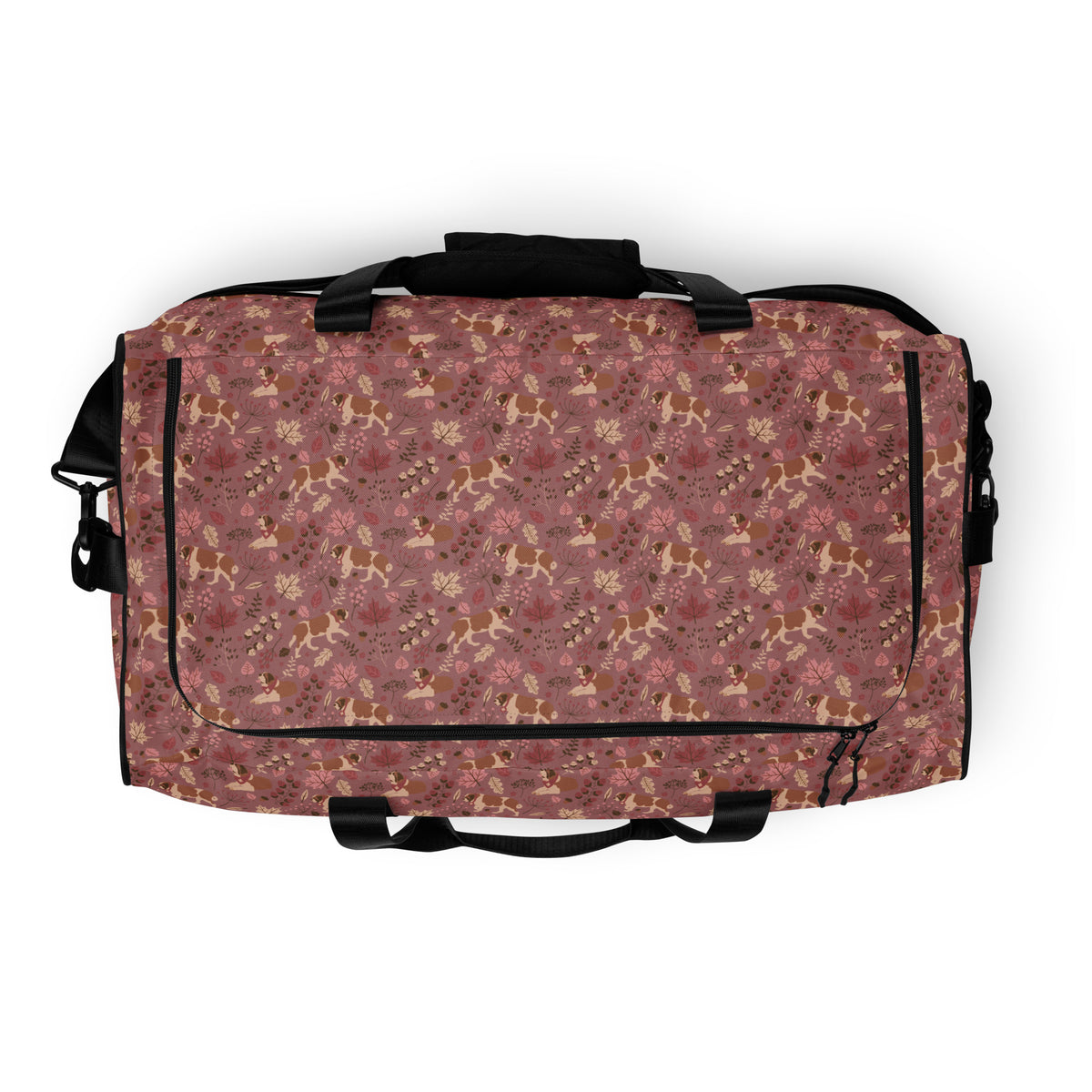 Rosy Fall Saint Bernard floral duffle bag in warm pink, brown, and autumn leaf tones with black padded shoulder strap, handles, zip compartment, and mesh side pocket.