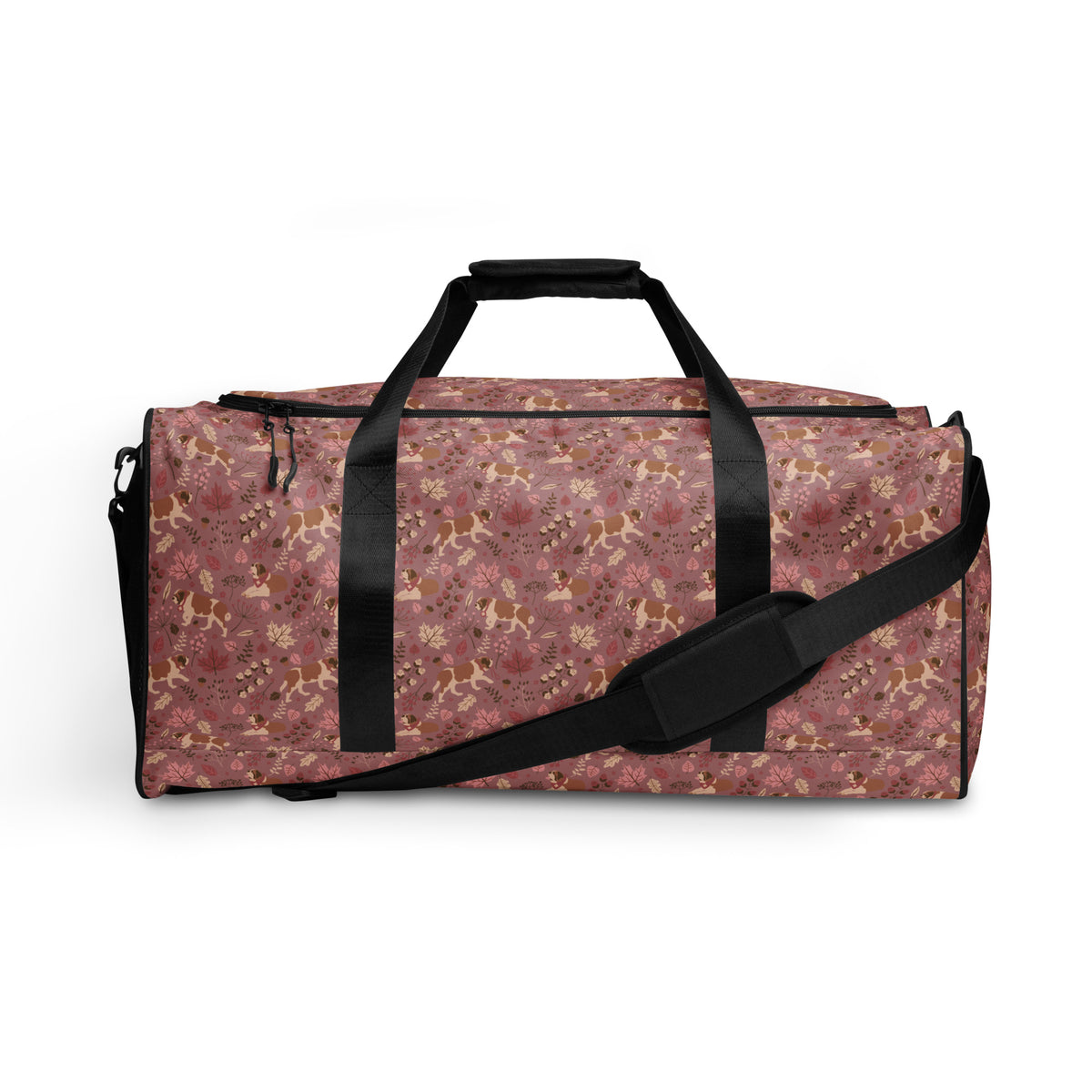 Rosy Fall Saint Bernard floral duffle bag in warm pink, brown, and autumn leaf tones with black padded shoulder strap, handles, zip compartment, and mesh side pocket.