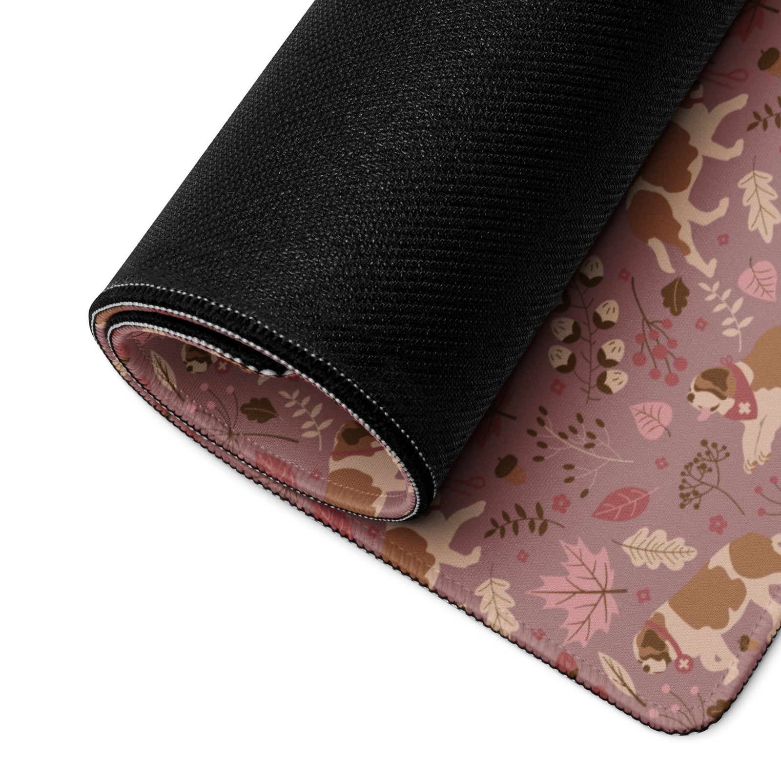 XL desk mat with Saint Bernard rosy fall leaf pattern — warm pink tones with leaves, berries, and acorns — a perfect autumn Saint gift.