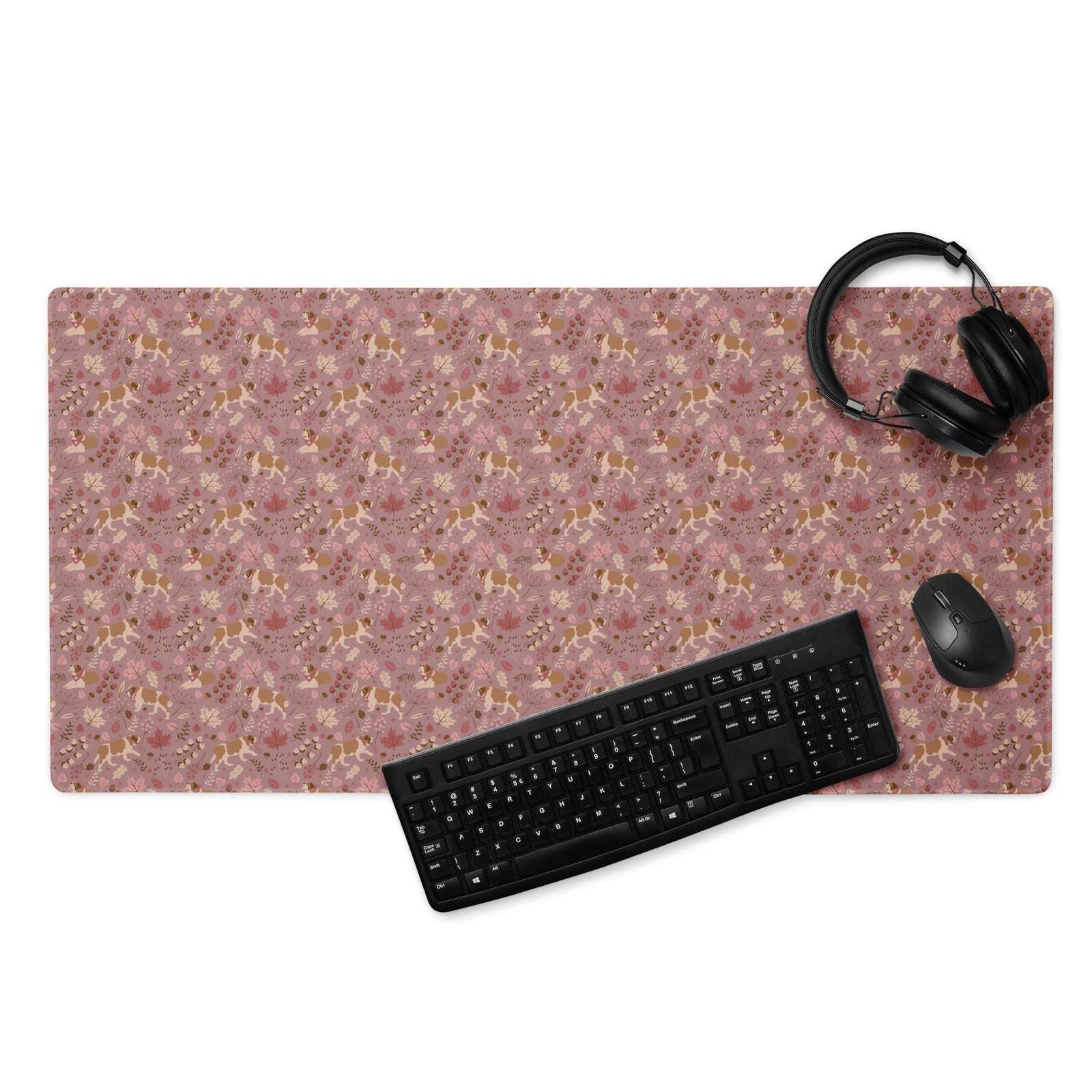 XL desk mat with Saint Bernard rosy fall leaf pattern — warm pink tones with leaves, berries, and acorns — a perfect autumn Saint gift.