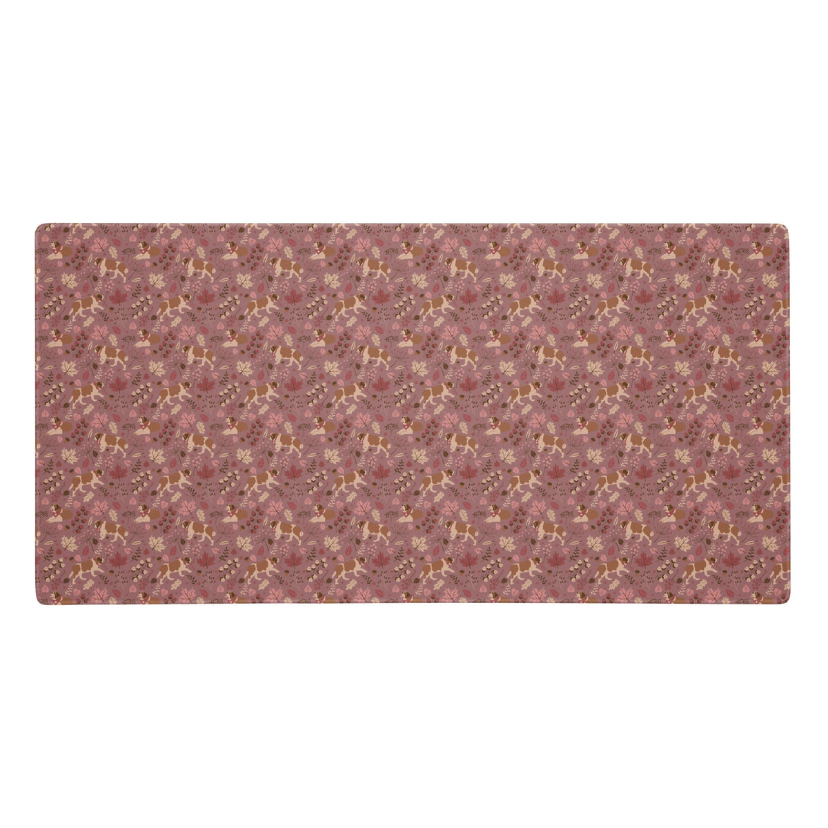 XL desk mat with Saint Bernard rosy fall leaf pattern — warm pink tones with leaves, berries, and acorns — a perfect autumn Saint gift.