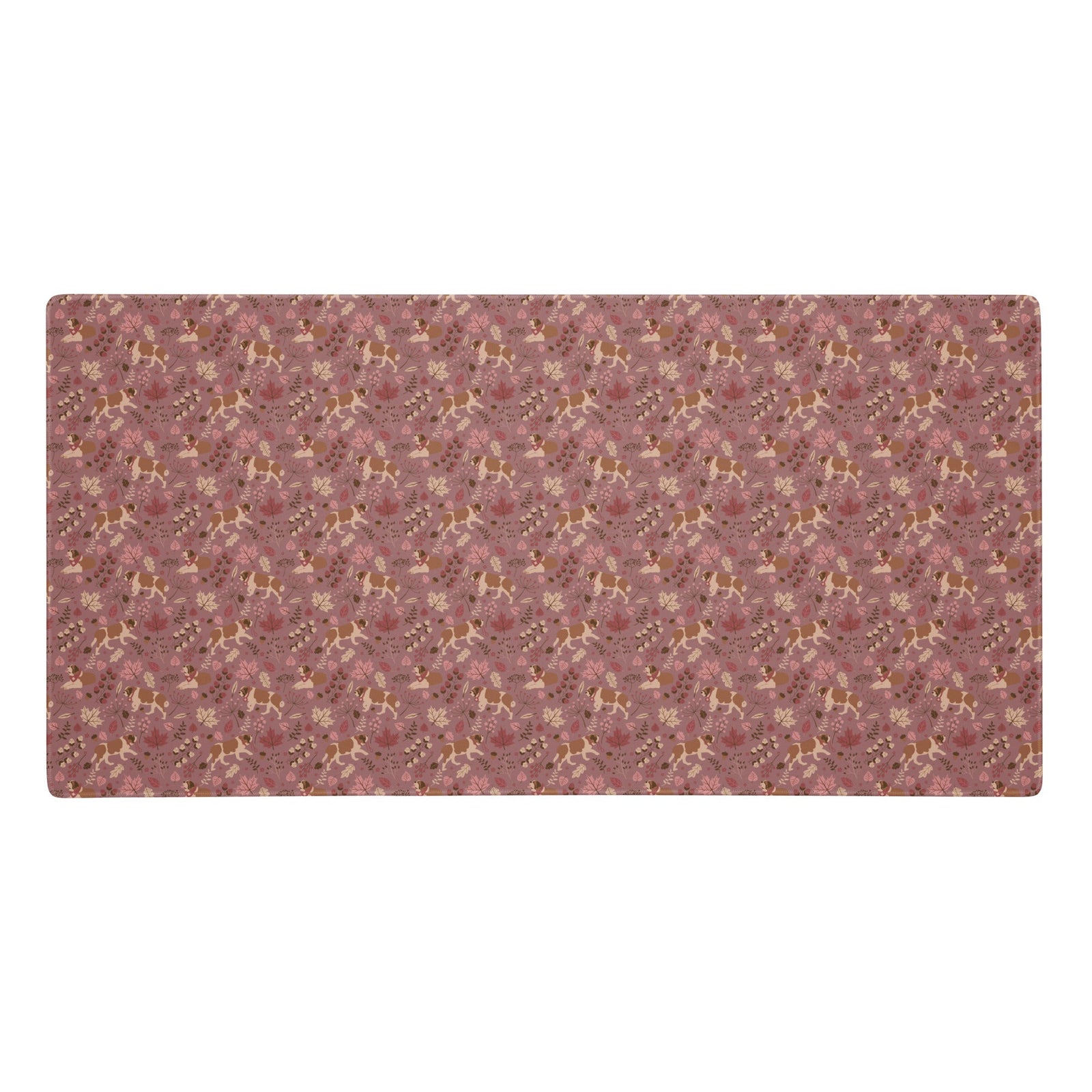 XL desk mat with Saint Bernard rosy fall leaf pattern — warm pink tones with leaves, berries, and acorns — a perfect autumn Saint gift.