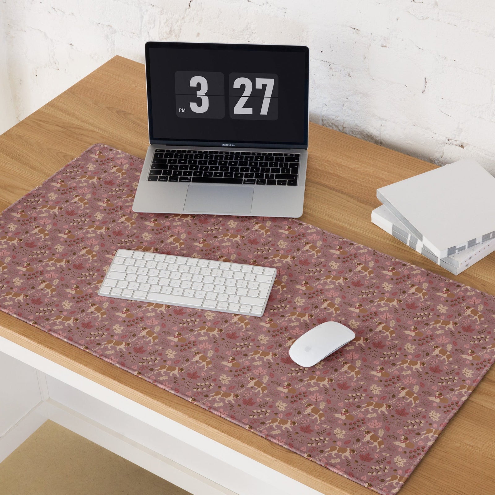 XL desk mat with Saint Bernard rosy fall leaf pattern — warm pink tones with leaves, berries, and acorns — a perfect autumn Saint gift.