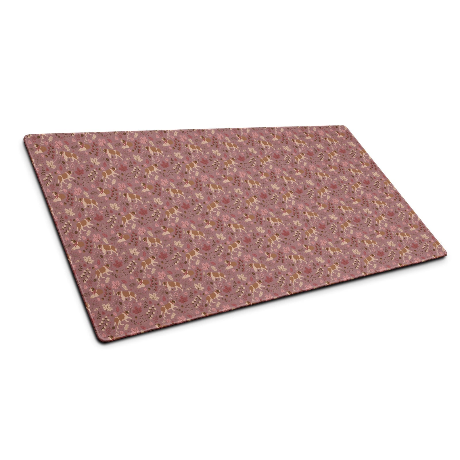 XL desk mat with Saint Bernard rosy fall leaf pattern — warm pink tones with leaves, berries, and acorns — a perfect autumn Saint gift.