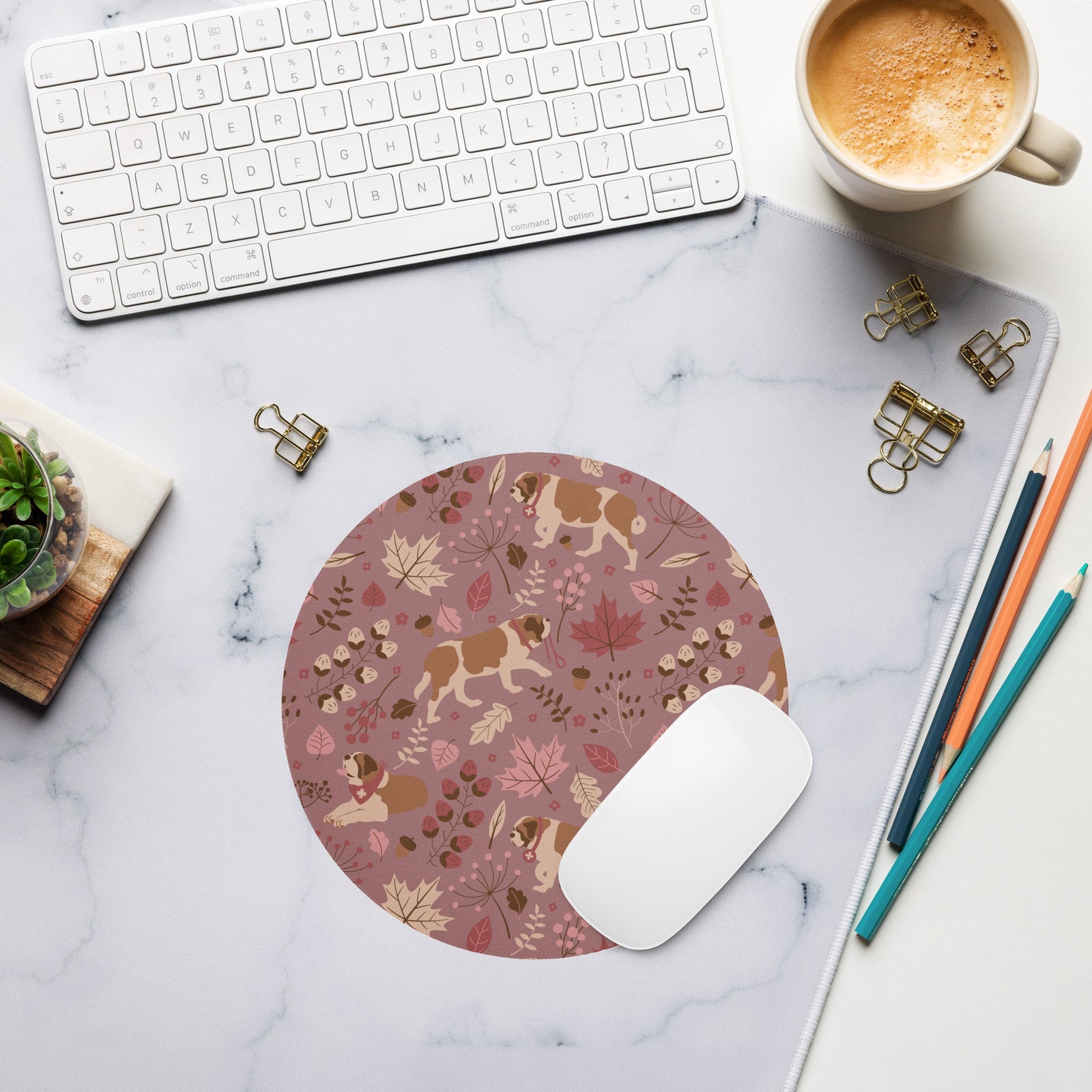 Round mouse pad with Saint Bernard autumn pattern — rosy pink background with leaves, berries, and acorns — perfect Saint Bernard gift.