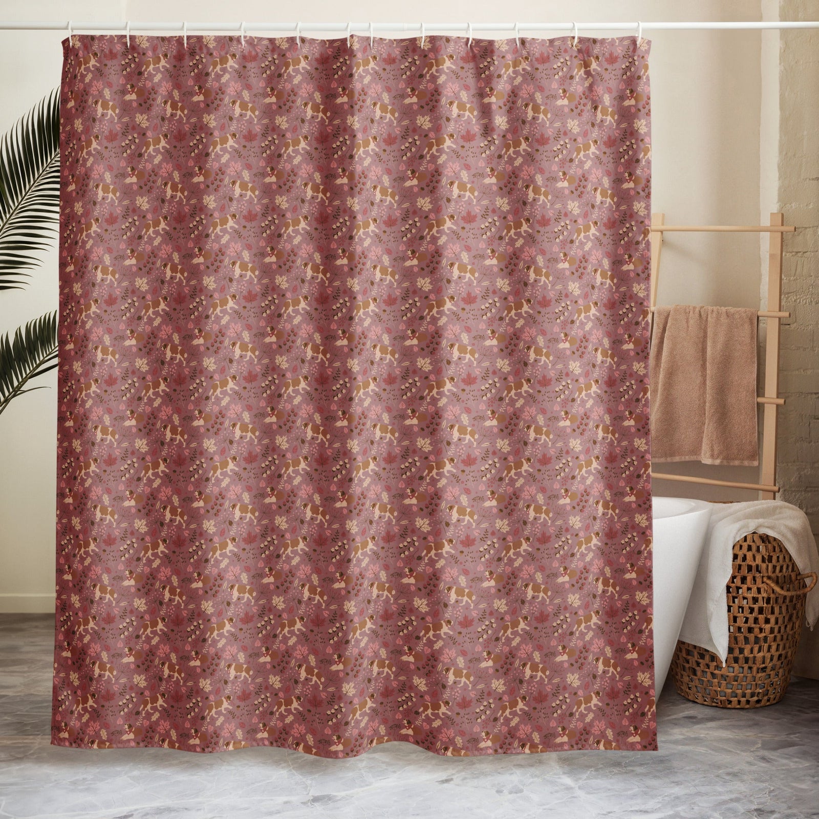 Rosy Fall Saint Bernard Shower Curtain - Lucy + Norman