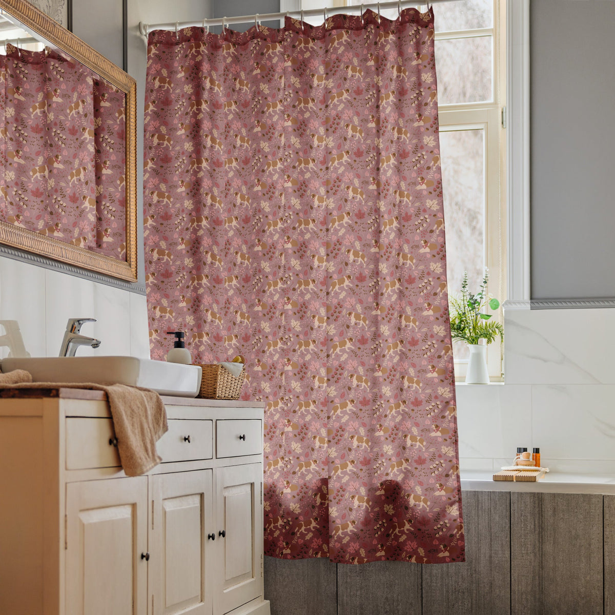 Rosy Fall Saint Bernard Shower Curtain - Lucy + Norman