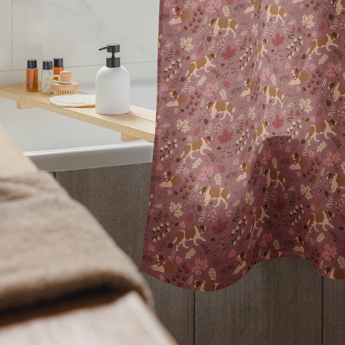 Rosy Fall Saint Bernard Shower Curtain - Lucy + Norman
