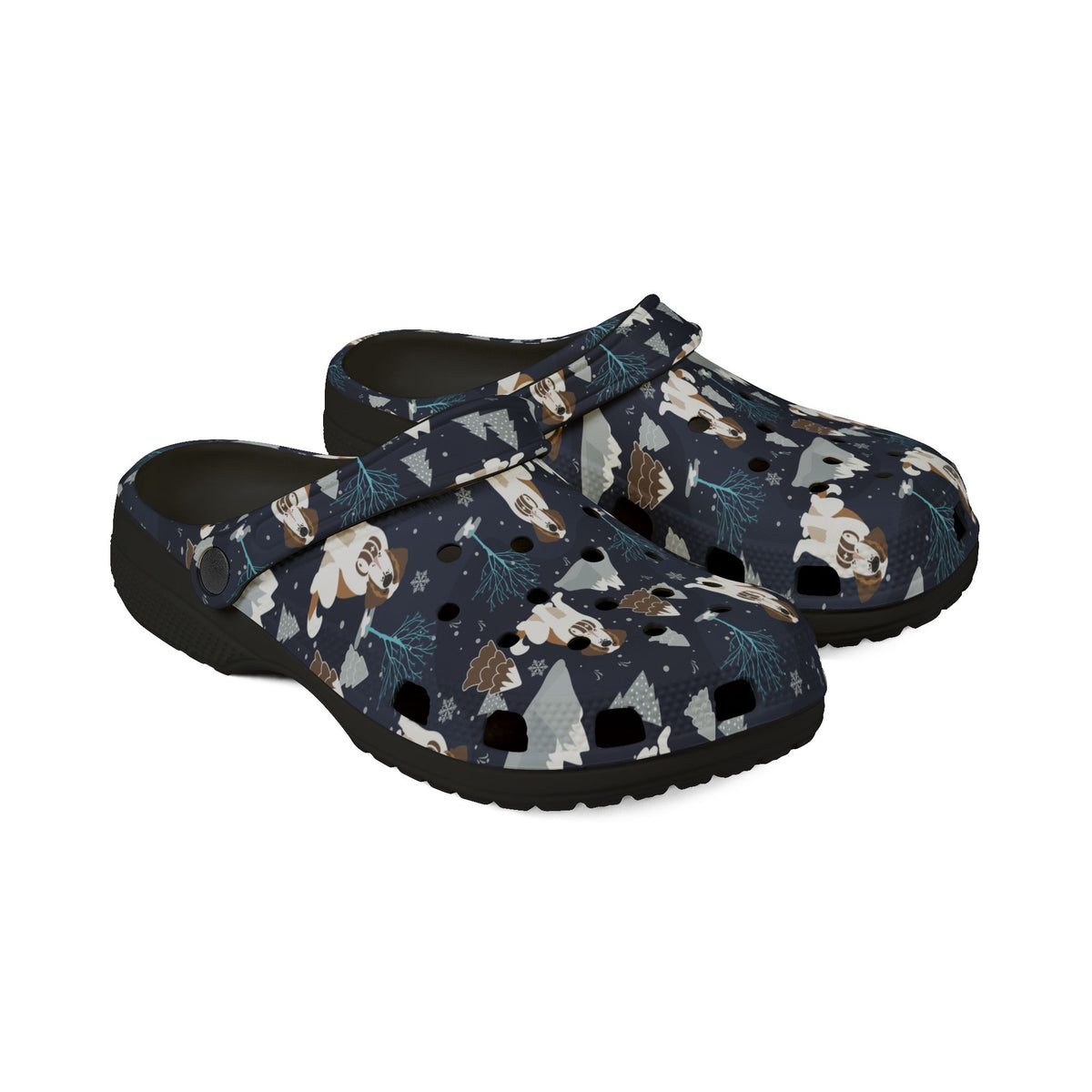 Black EVA clog shoes with a navy all-over alpine chill pattern featuring frosted mountain peaks, blue trees and Saint Bernards by Lucy and Norman
