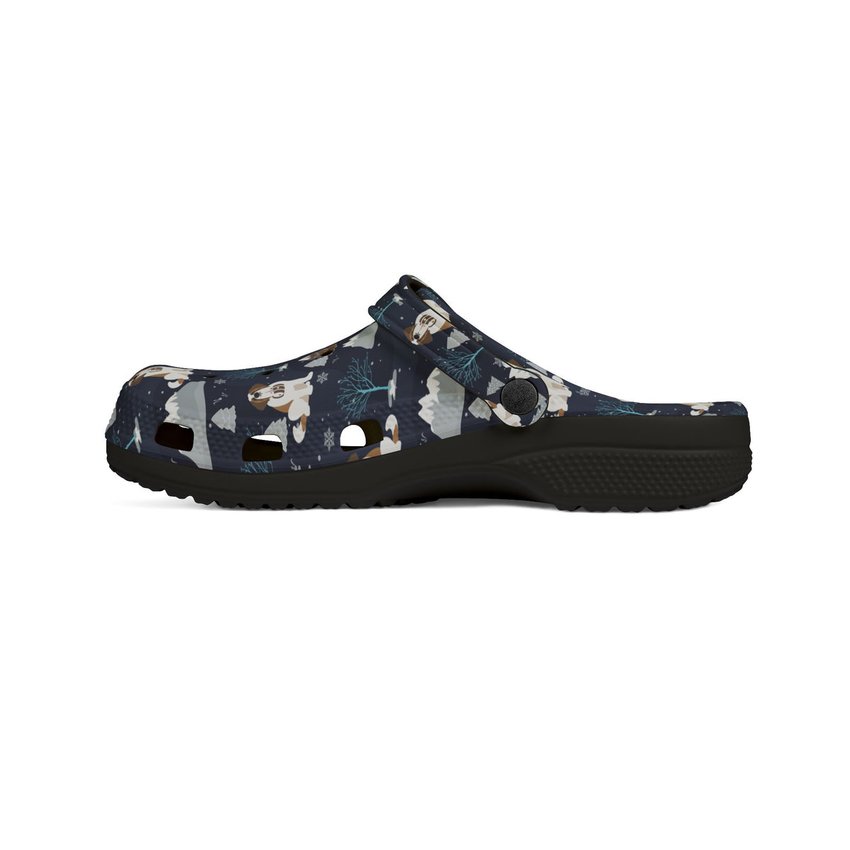 Black EVA clog shoes with a navy all-over alpine chill pattern featuring frosted mountain peaks, blue trees and Saint Bernards by Lucy and Norman