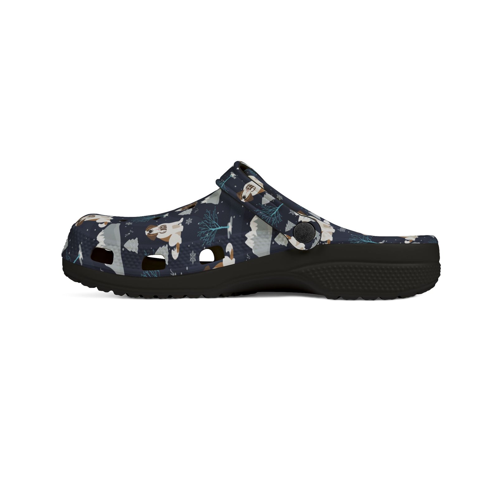 Black EVA clog shoes with a navy all-over alpine chill pattern featuring frosted mountain peaks, blue trees and Saint Bernards by Lucy and Norman