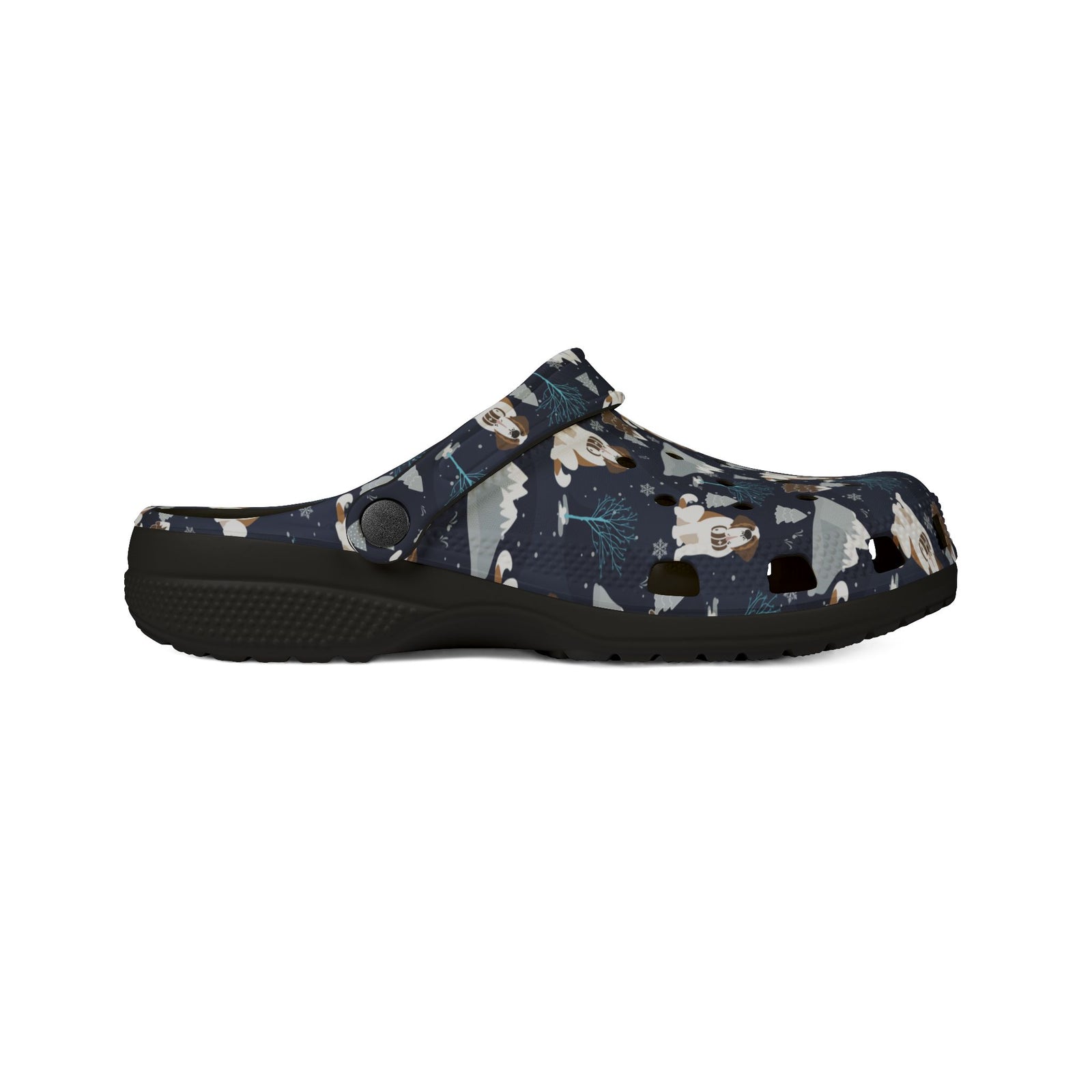 Black EVA clog shoes with a navy all-over alpine chill pattern featuring frosted mountain peaks, blue trees and Saint Bernards by Lucy and Norman