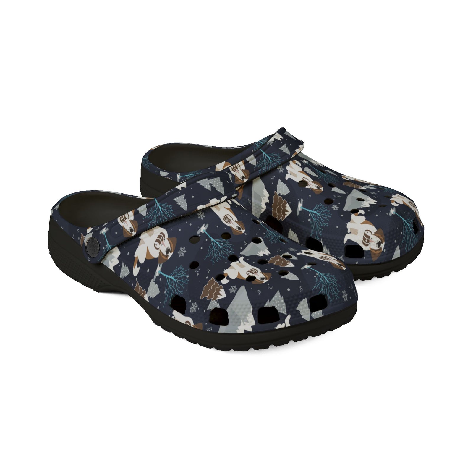 Black EVA clog shoes with a navy all-over alpine chill pattern featuring frosted mountain peaks, blue trees and Saint Bernards by Lucy and Norman