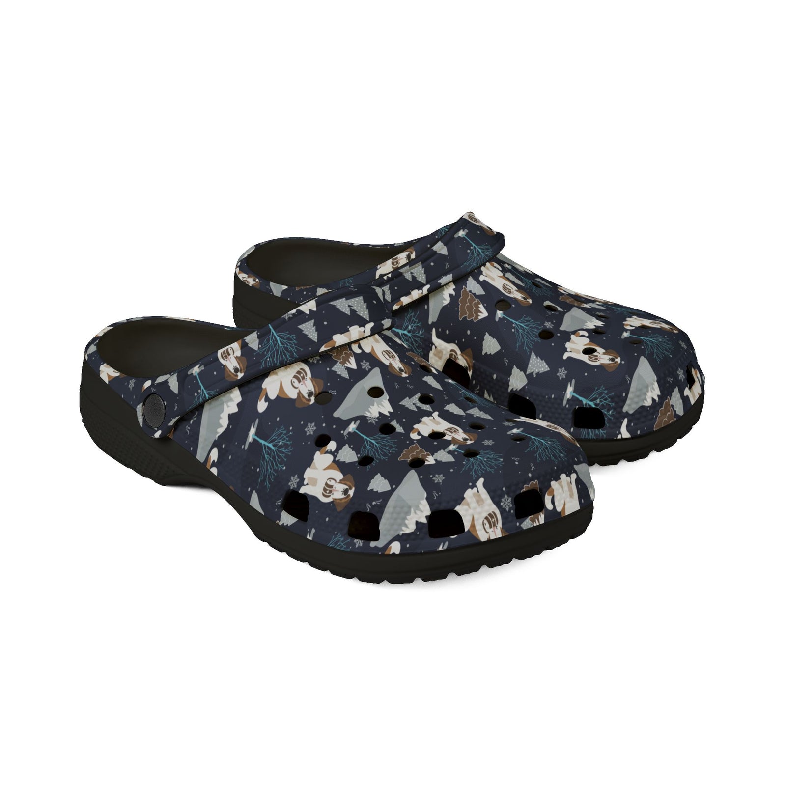 Black EVA clog shoes with a navy all-over alpine chill pattern featuring frosted mountain peaks, blue trees and Saint Bernards by Lucy and Norman