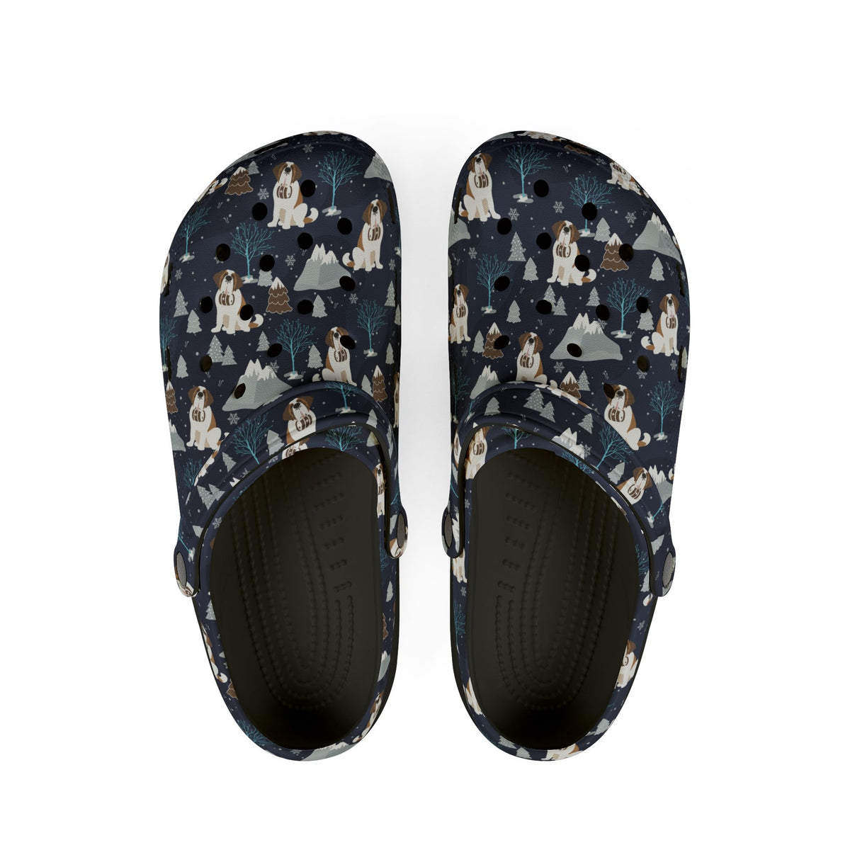 Black EVA clog shoes with a navy all-over alpine chill pattern featuring frosted mountain peaks, blue trees and Saint Bernards by Lucy and Norman