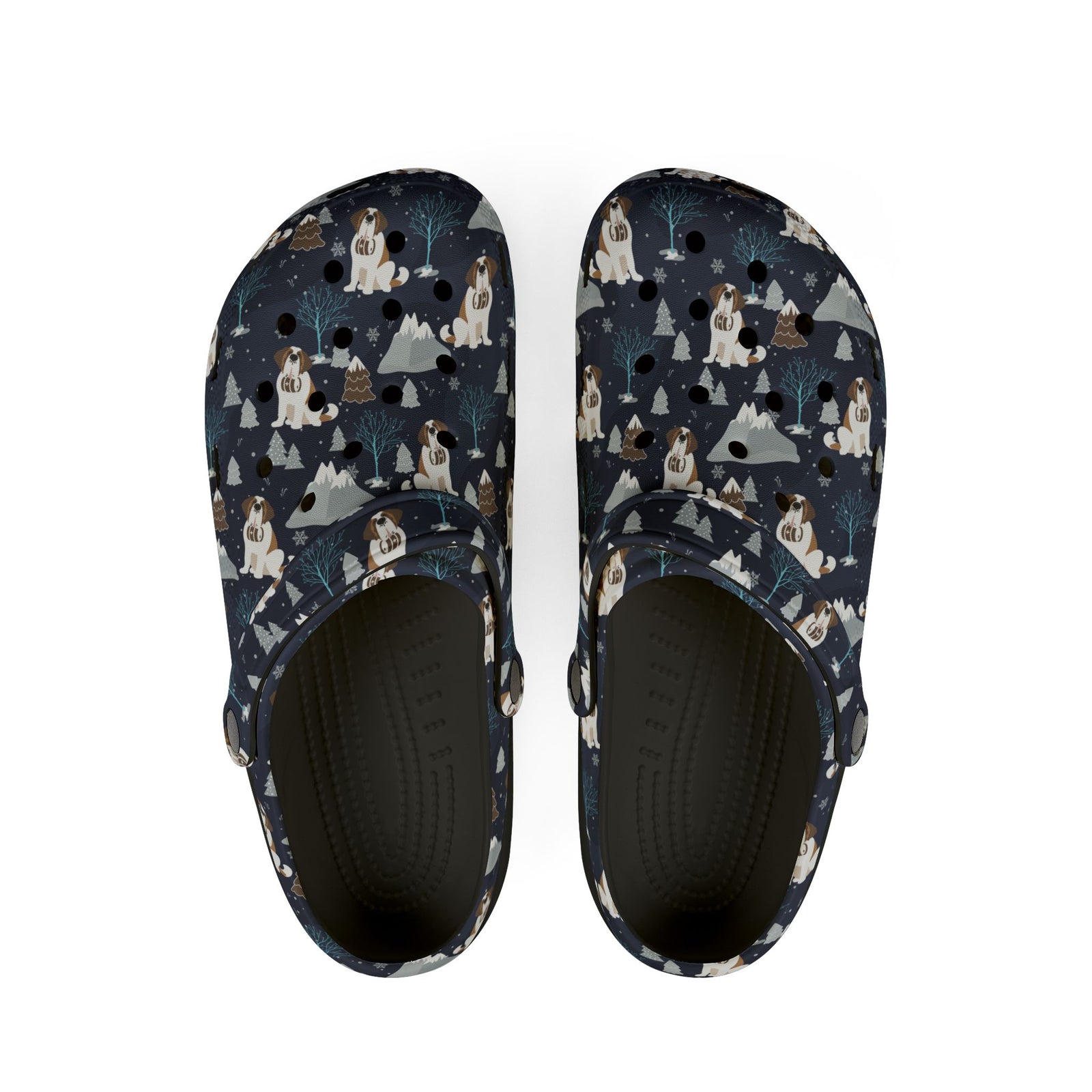 Black EVA clog shoes with a navy all-over alpine chill pattern featuring frosted mountain peaks, blue trees and Saint Bernards by Lucy and Norman