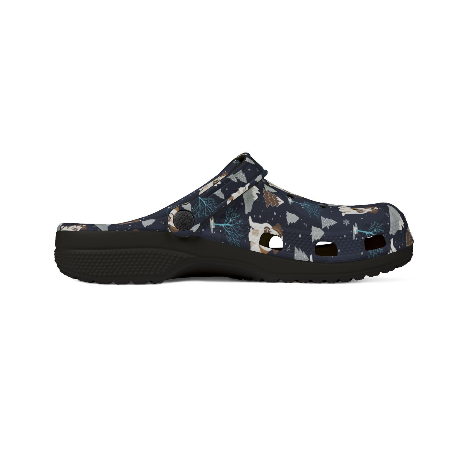 Black EVA clog shoes with a navy all-over alpine chill pattern featuring frosted mountain peaks, blue trees and Saint Bernards by Lucy and Norman
