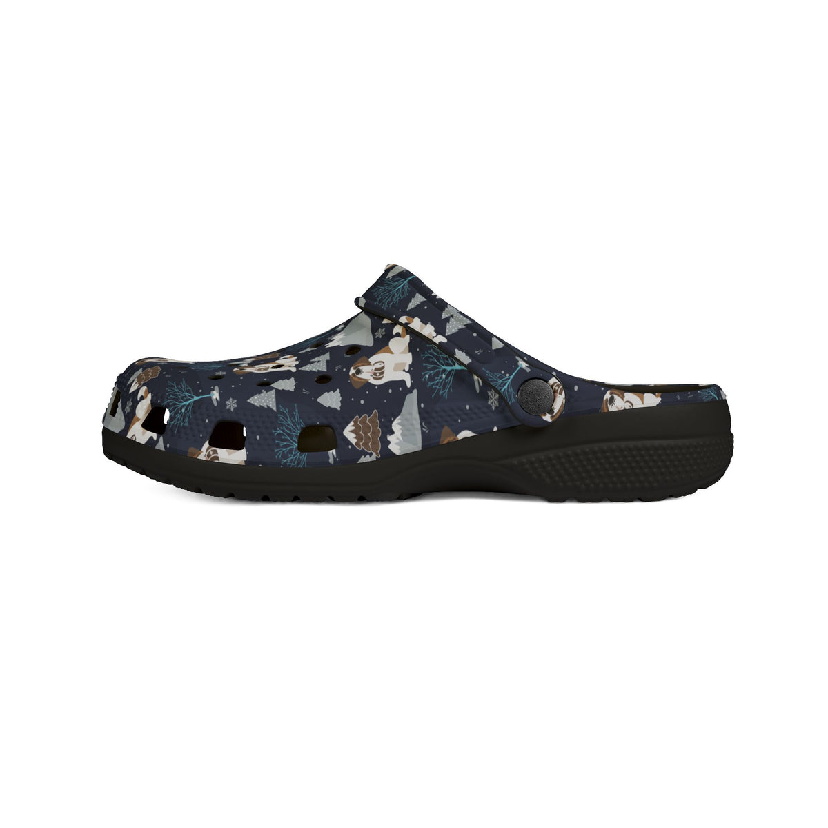 Black EVA clog shoes with a navy all-over alpine chill pattern featuring frosted mountain peaks, blue trees and Saint Bernards by Lucy and Norman
