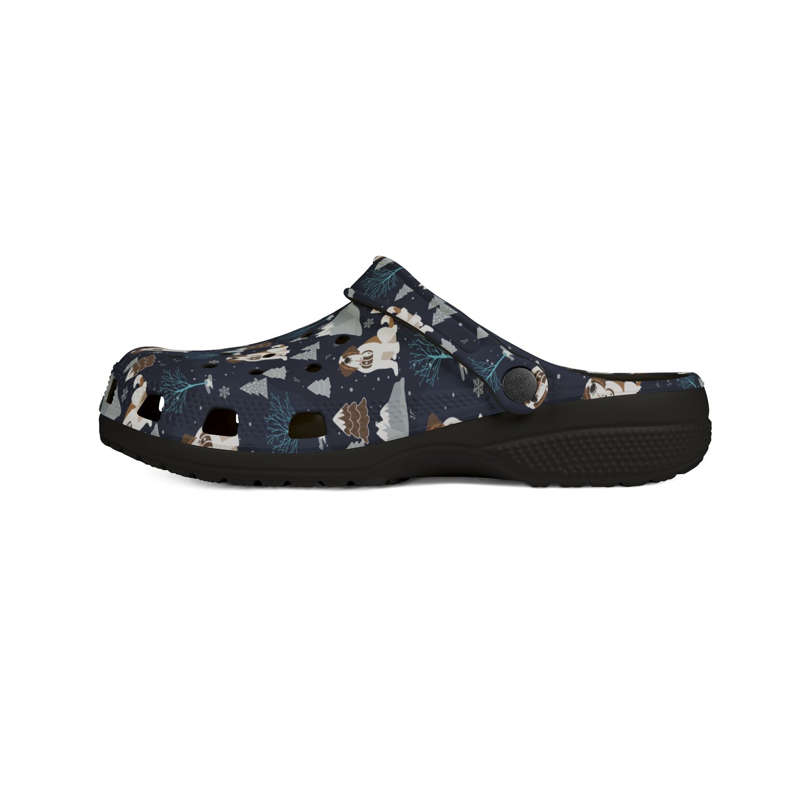 Black EVA clog shoes with a navy all-over alpine chill pattern featuring frosted mountain peaks, blue trees and Saint Bernards by Lucy and Norman