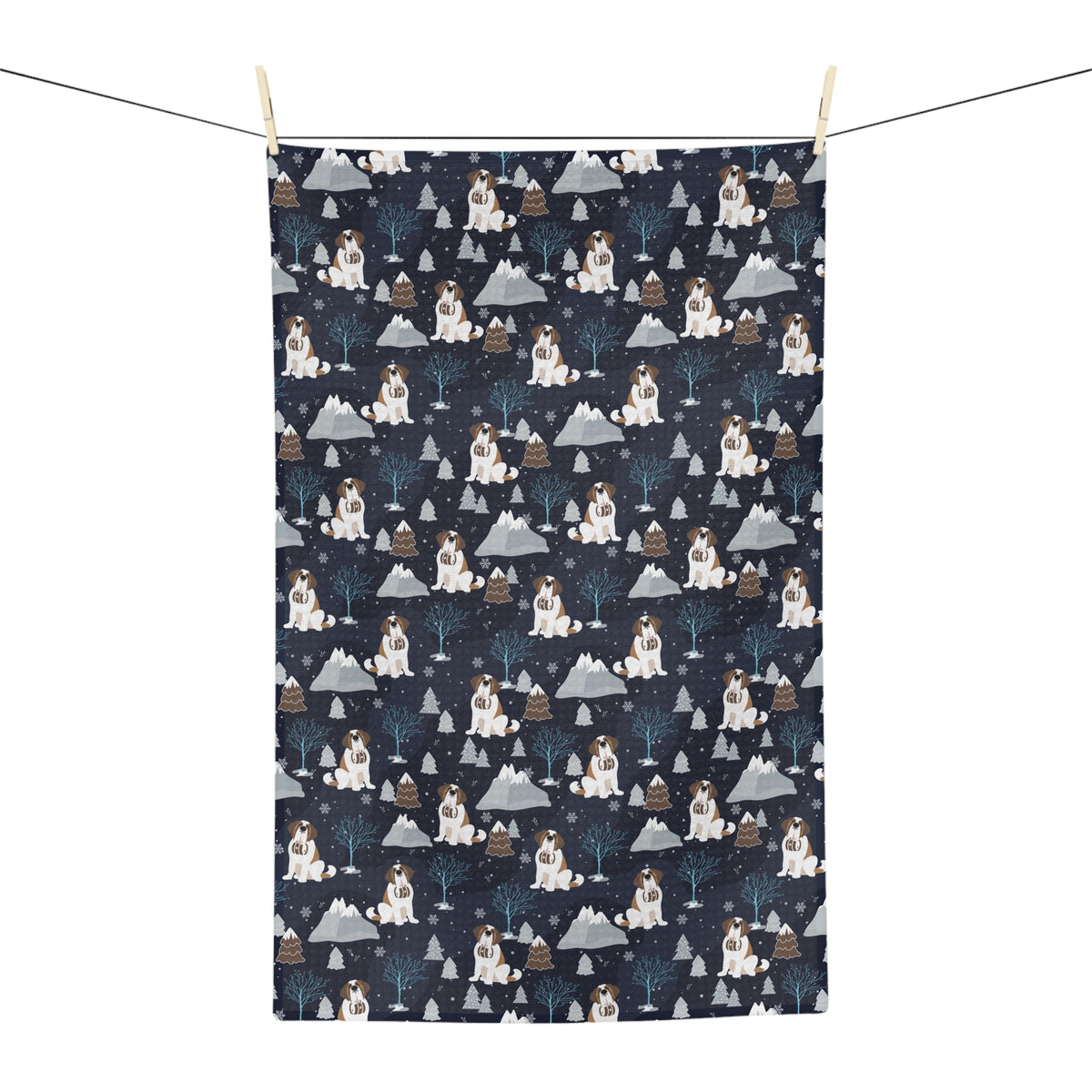 Alpine Chill Saint Bernard microfiber tea towel with a navy print of Saint Bernards with rescue barrels among frosty trees and snowy mountains.