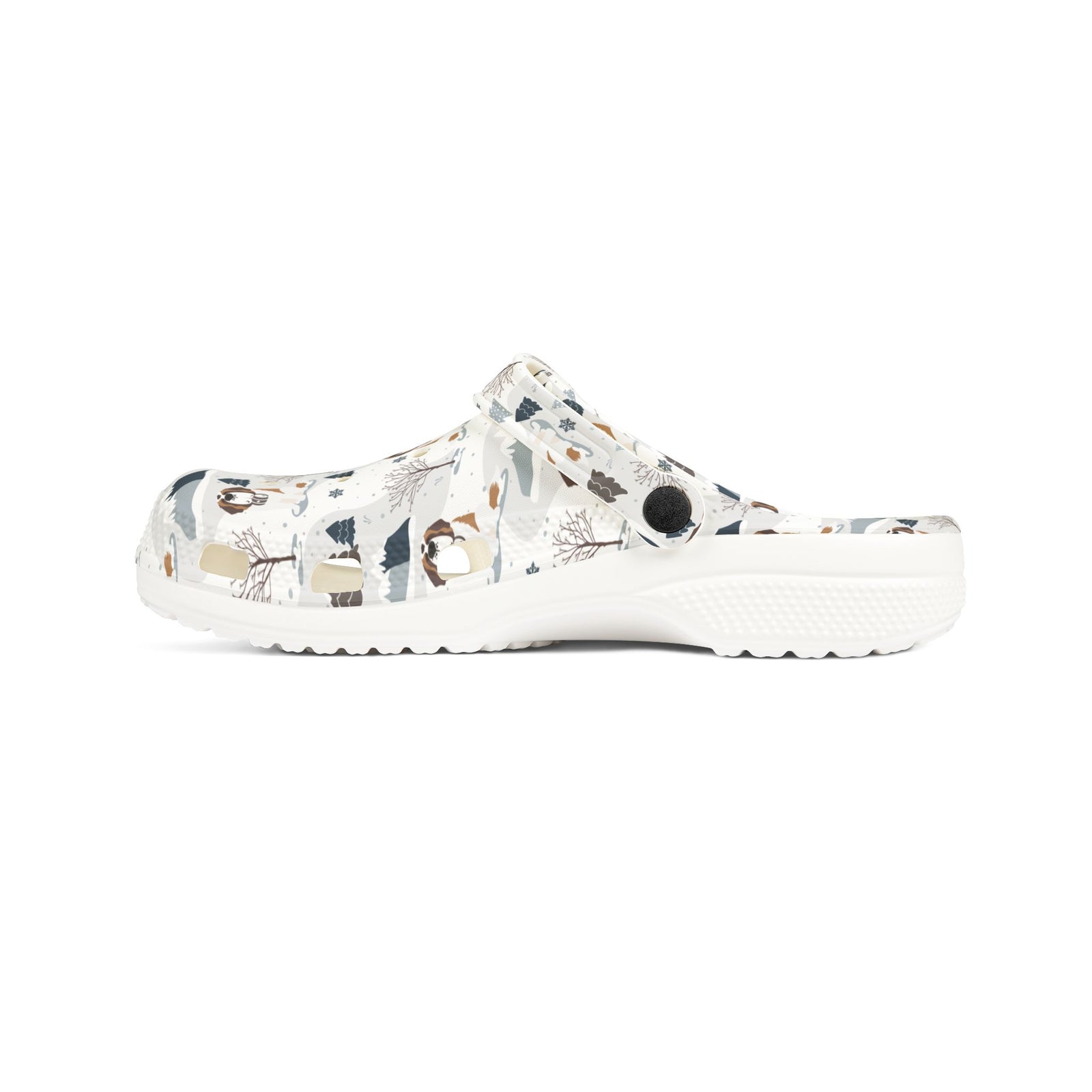 White EVA clog shoes with an all-over alpine mountain pattern featuring pines and Saint Bernards by Lucy and Norman
