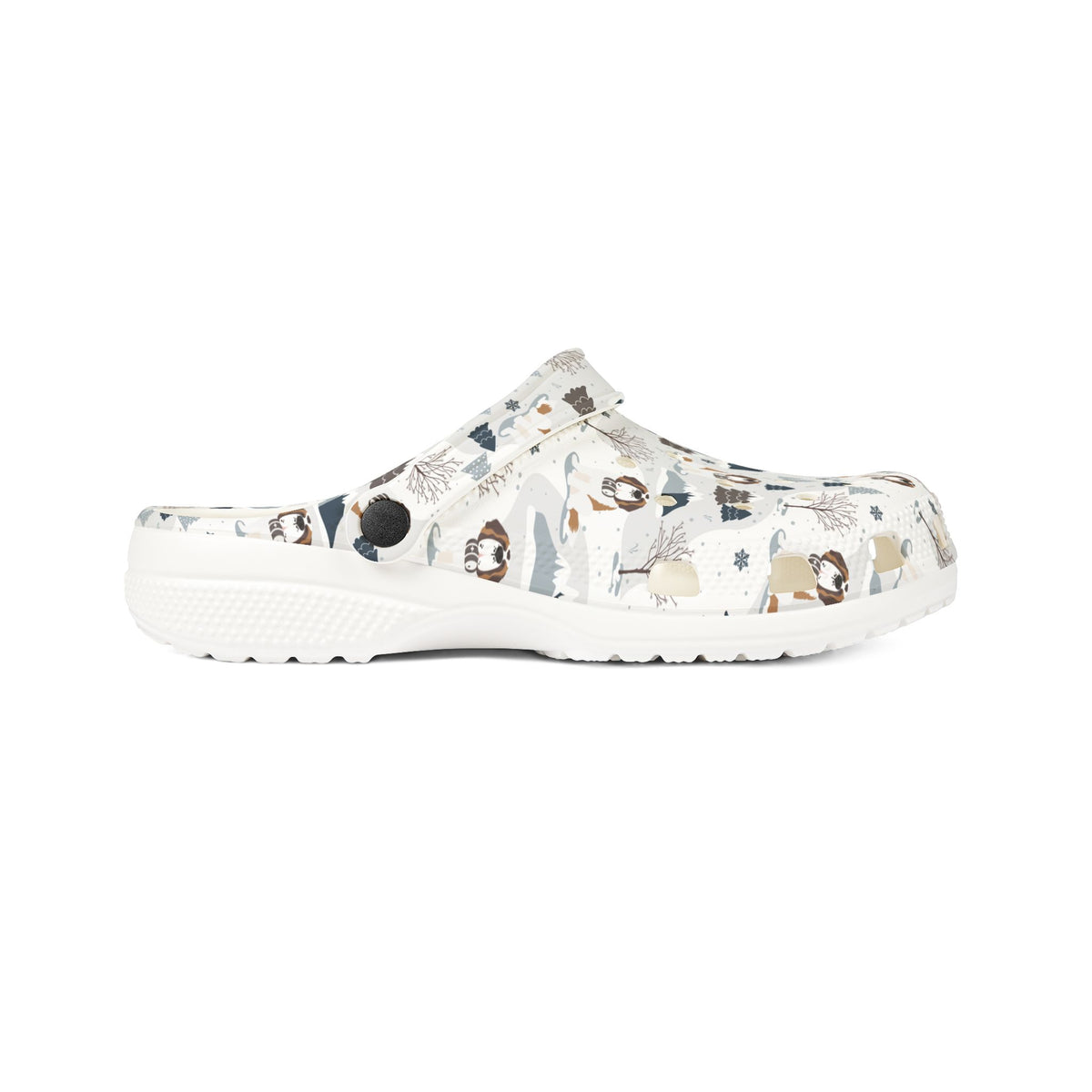 White EVA clog shoes with an all-over alpine mountain pattern featuring pines and Saint Bernards by Lucy and Norman