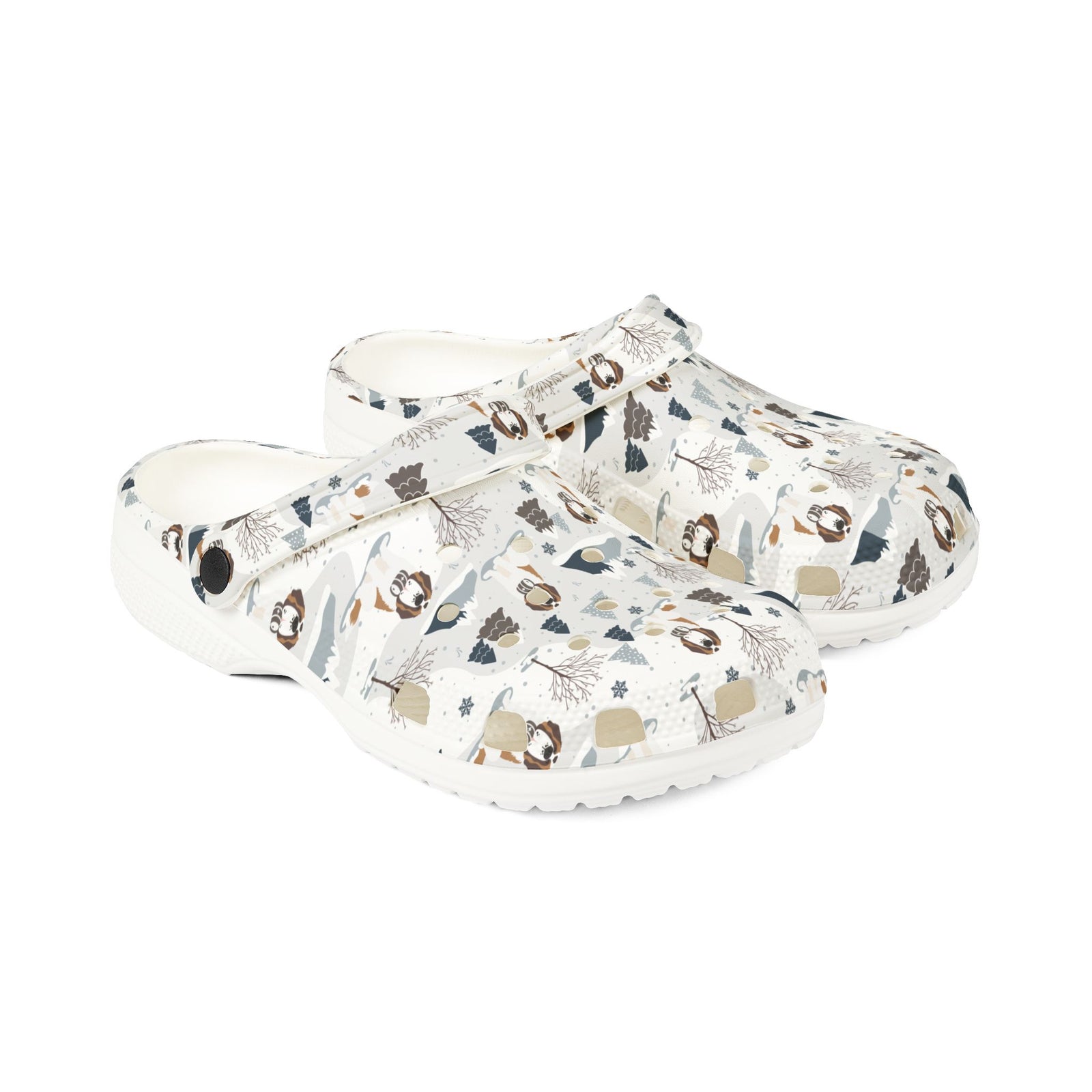 White EVA clog shoes with an all-over alpine mountain pattern featuring pines and Saint Bernards by Lucy and Norman