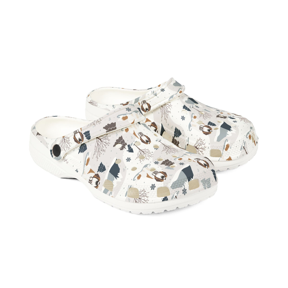 White EVA clog shoes with an all-over alpine mountain pattern featuring pines and Saint Bernards by Lucy and Norman