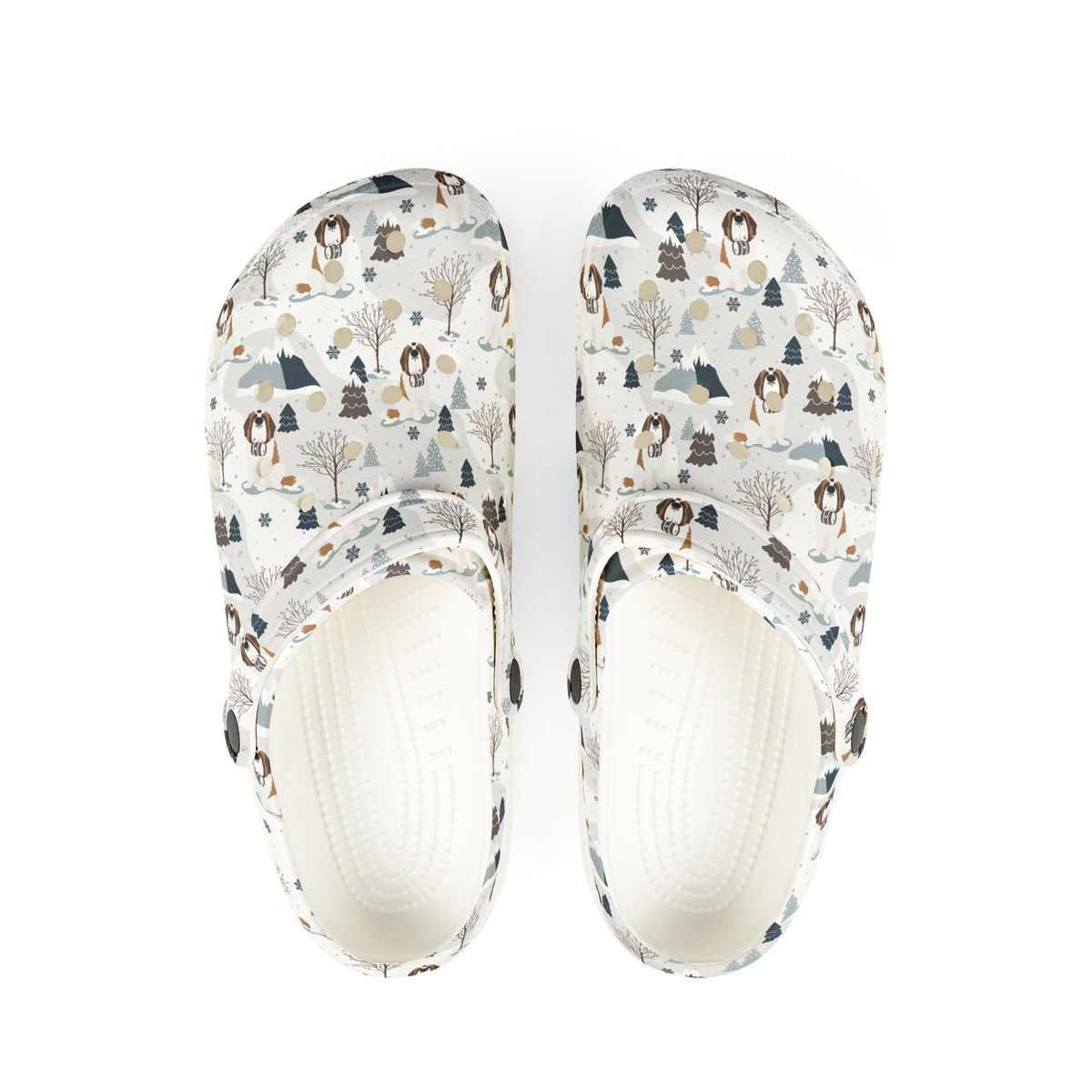 White EVA clog shoes with an all-over alpine mountain pattern featuring pines and Saint Bernards by Lucy and Norman