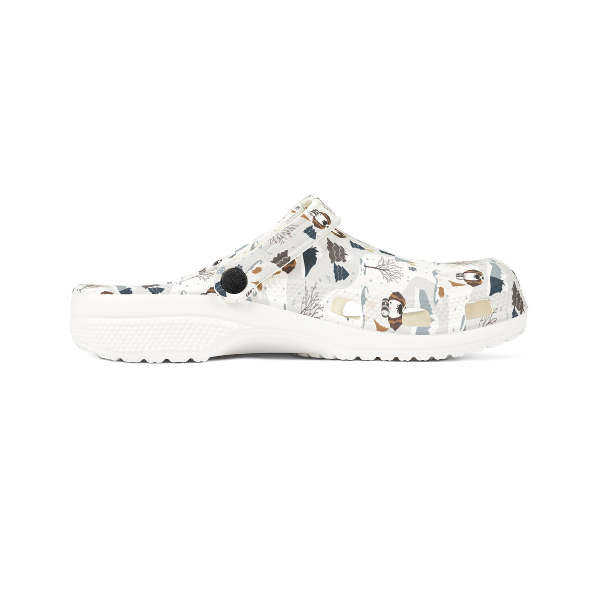 White EVA clog shoes with an all-over alpine mountain pattern featuring pines and Saint Bernards by Lucy and Norman