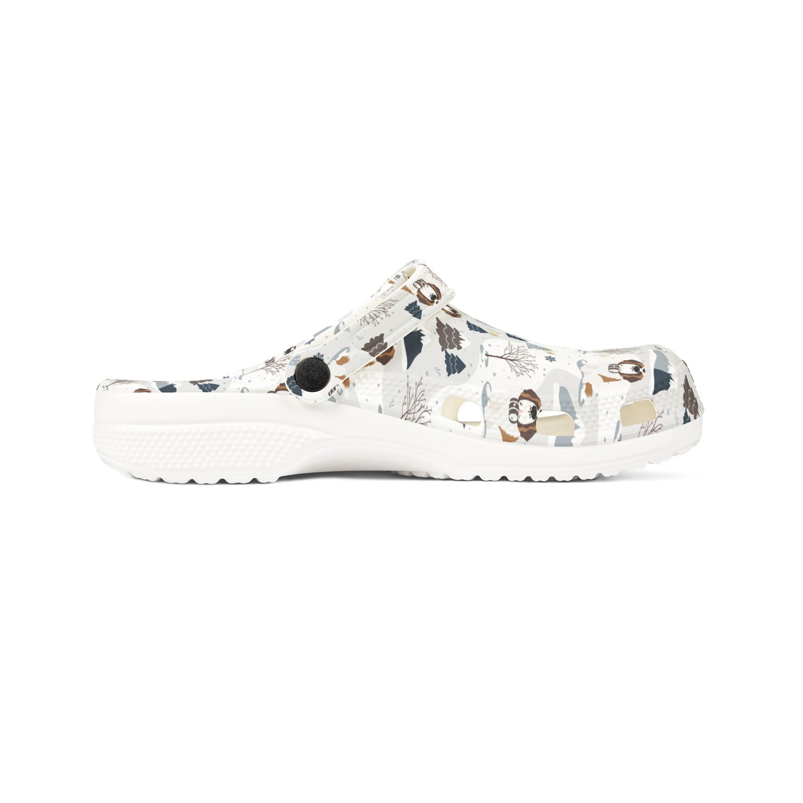 White EVA clog shoes with an all-over alpine mountain pattern featuring pines and Saint Bernards by Lucy and Norman
