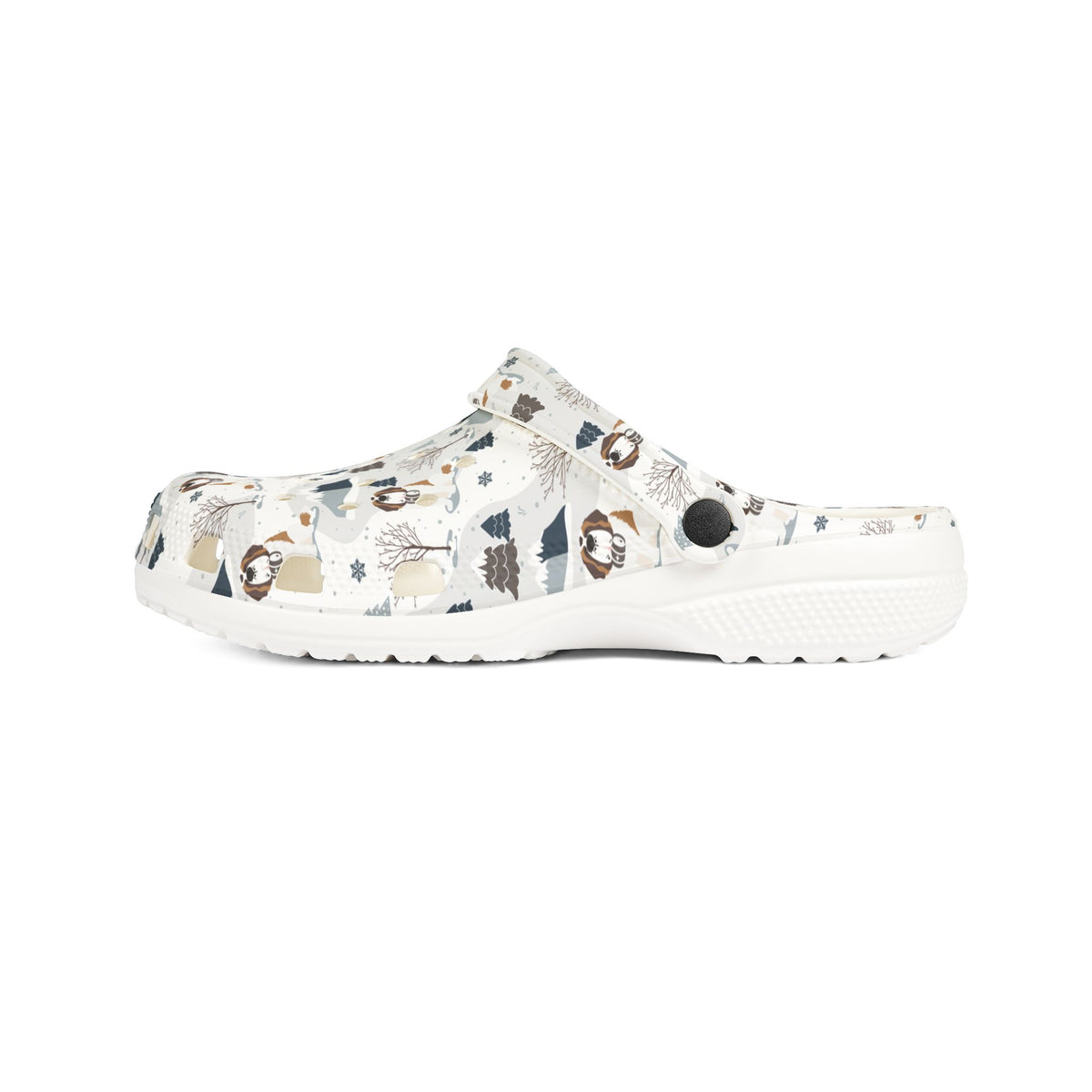 White EVA clog shoes with an all-over alpine mountain pattern featuring pines and Saint Bernards by Lucy and Norman