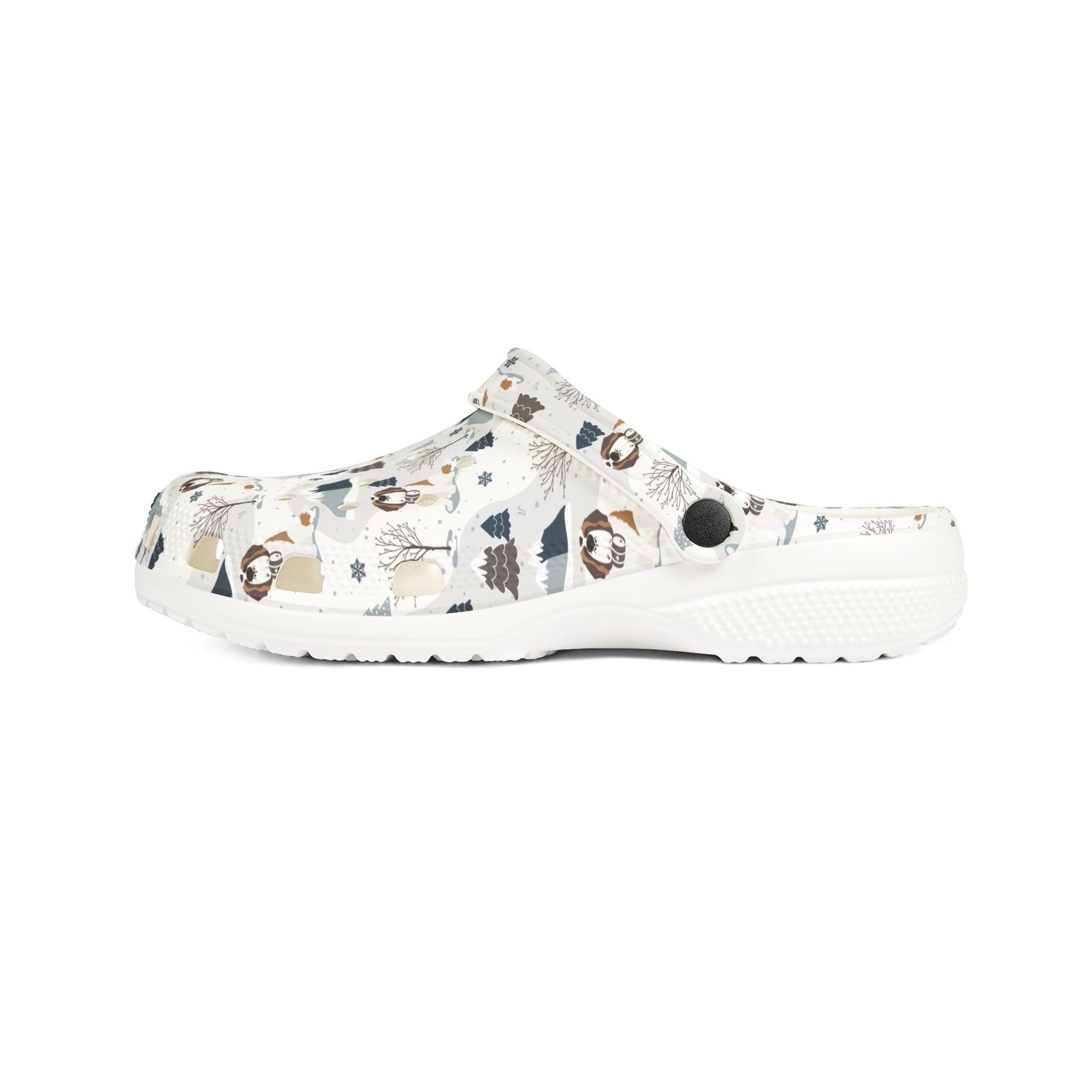 White EVA clog shoes with an all-over alpine mountain pattern featuring pines and Saint Bernards by Lucy and Norman