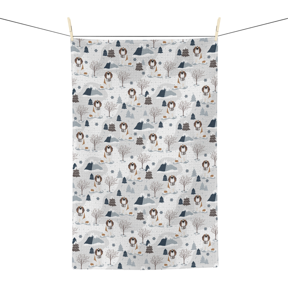 Saint Bernard Alpine microfiber tea towel with a soft gray and white print of Saint Bernards, snowy mountains, and pine trees.