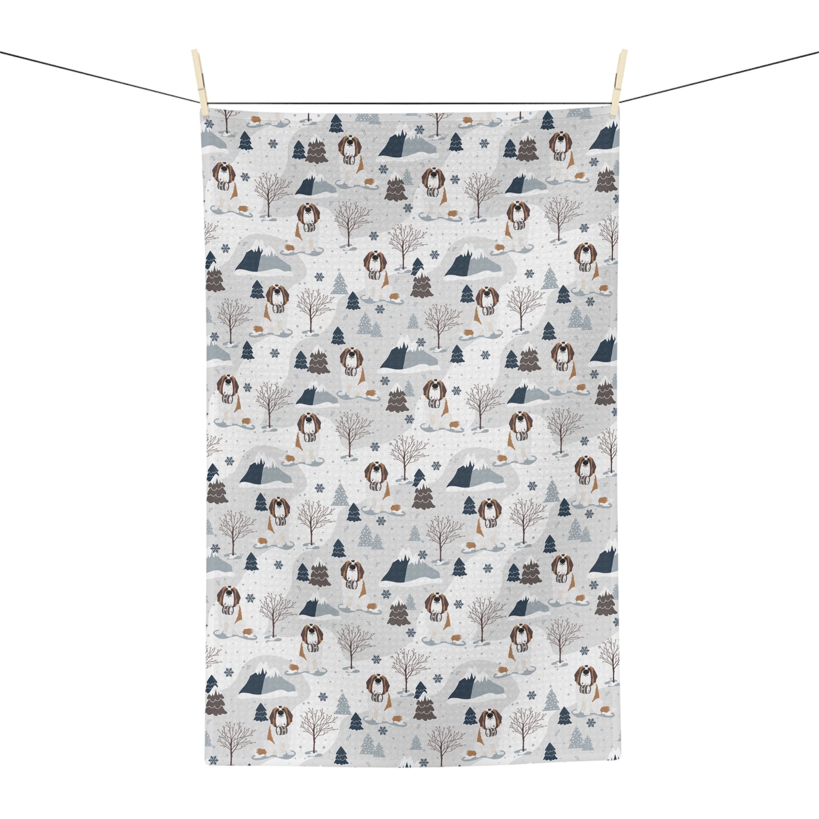 Saint Bernard Alpine microfiber tea towel with a soft gray and white print of Saint Bernards, snowy mountains, and pine trees.